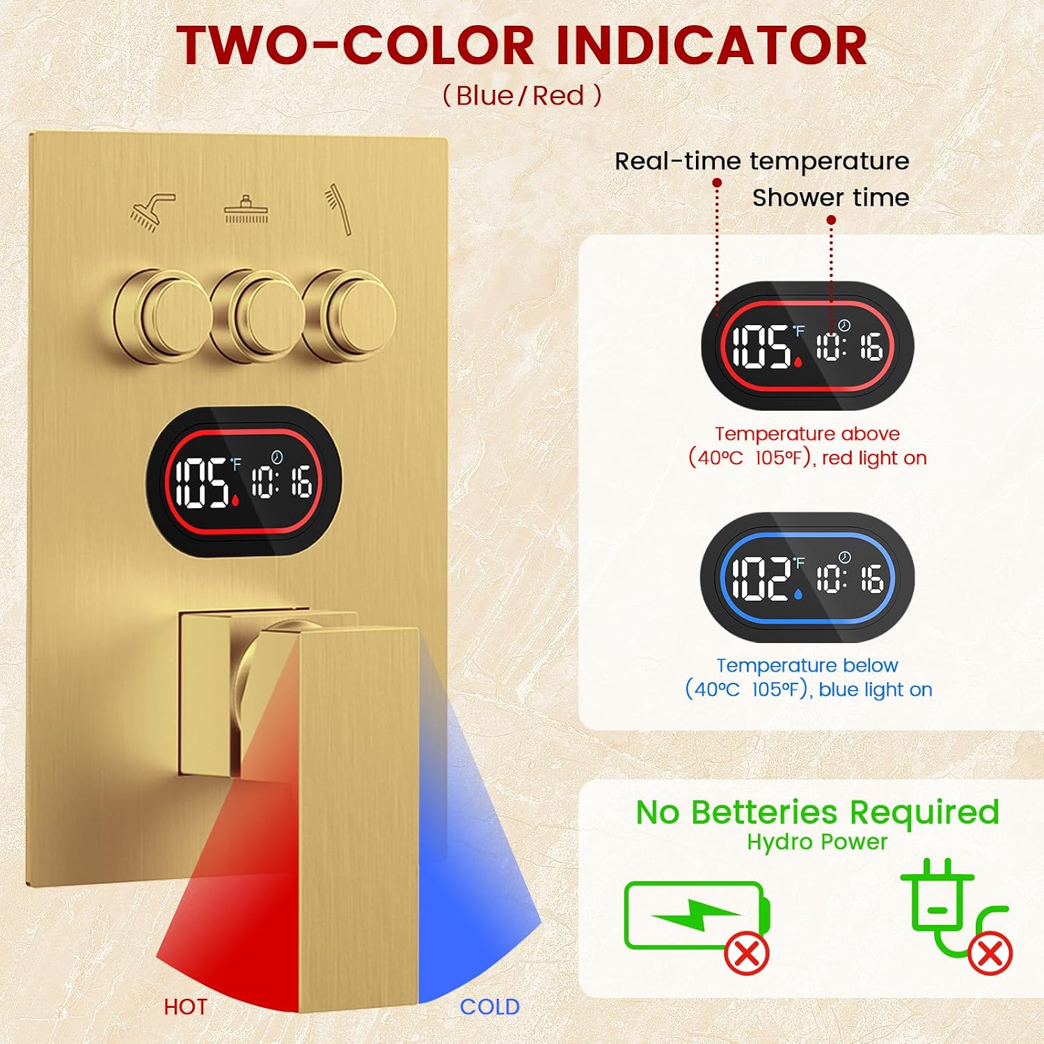 Push Button Diverter Shower Faucet Set Hydro Power Temperature Display, Shower System Wall Mounted 10' & 6' Shower Head with 3-Spary Handheld, Shower Fixtures with Valve and Trim Kit, Brushed Gold