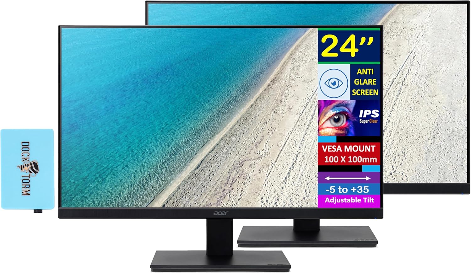 acer 24' FHD IPS Monitor with 4 ms Response Time, Anti-Glare, Adaptive Sync, Integrated Speakers, VESA Mount (100mm) & Dockztorm USB Port Expander, HDMI, Black Color (2-Pack)