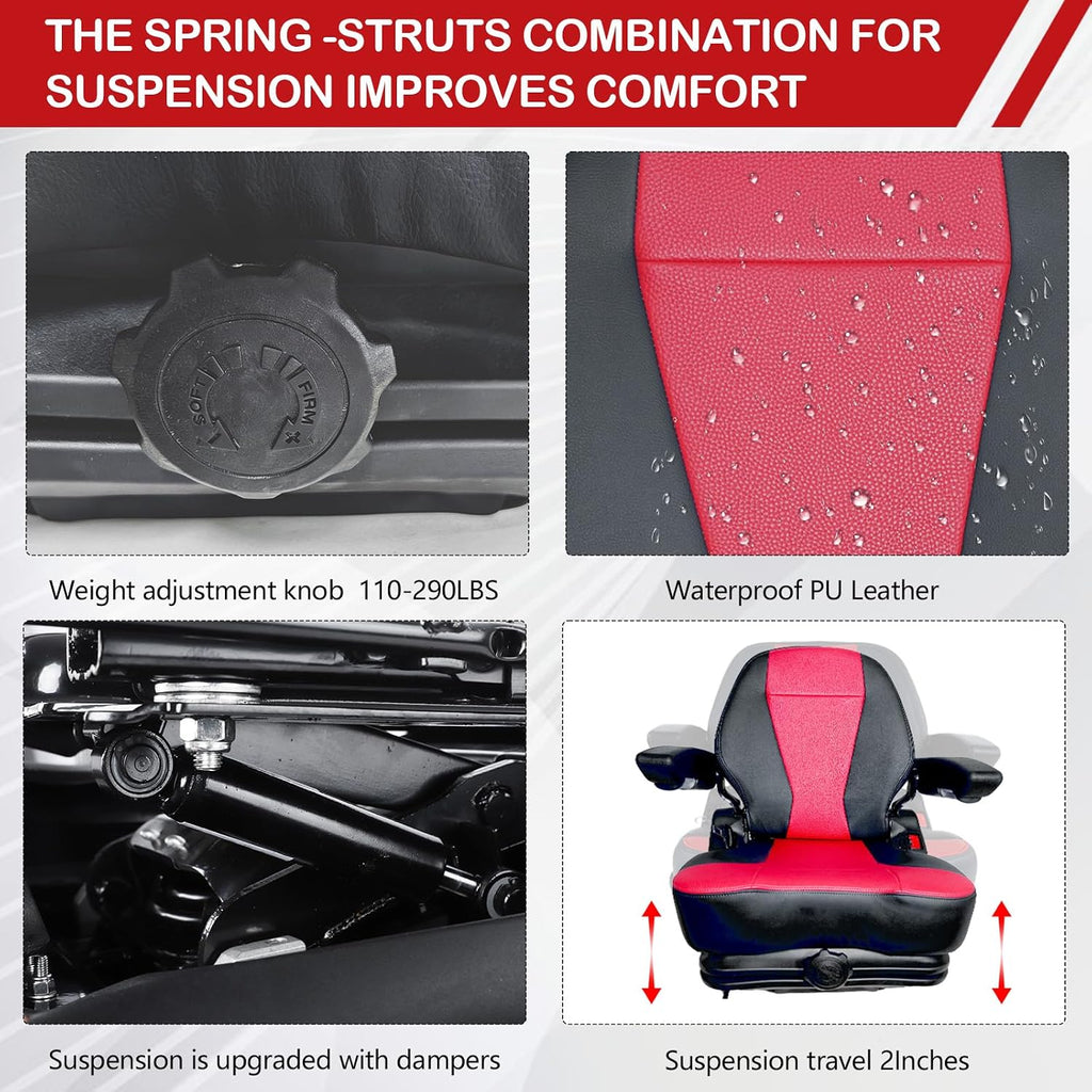 hightall Lawn Mower Seat with Cover,Spring-Dampers Heavy Duty Tractor Suspension Seat for Zero Turn Mower Tractor Excavator Harvester Forklift,Adjustable Slide Rails/Armrest,Seatbelt