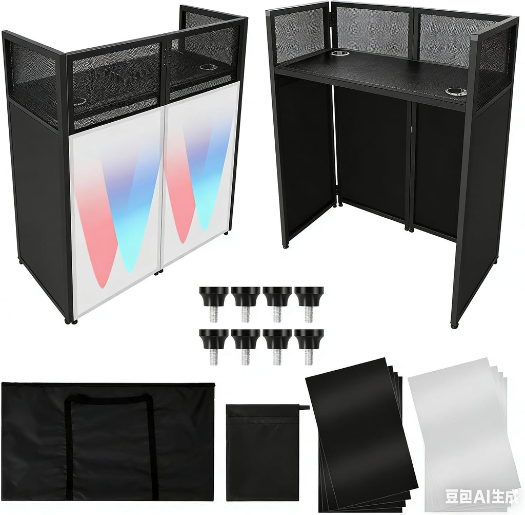 Portable DJ Facade Booth,52'L x 48'H x 26'W DJ Table Facade With White & Black Scrim,Foldable Metal Frame DJ Table Stand Station With Adjustable Feet for Party