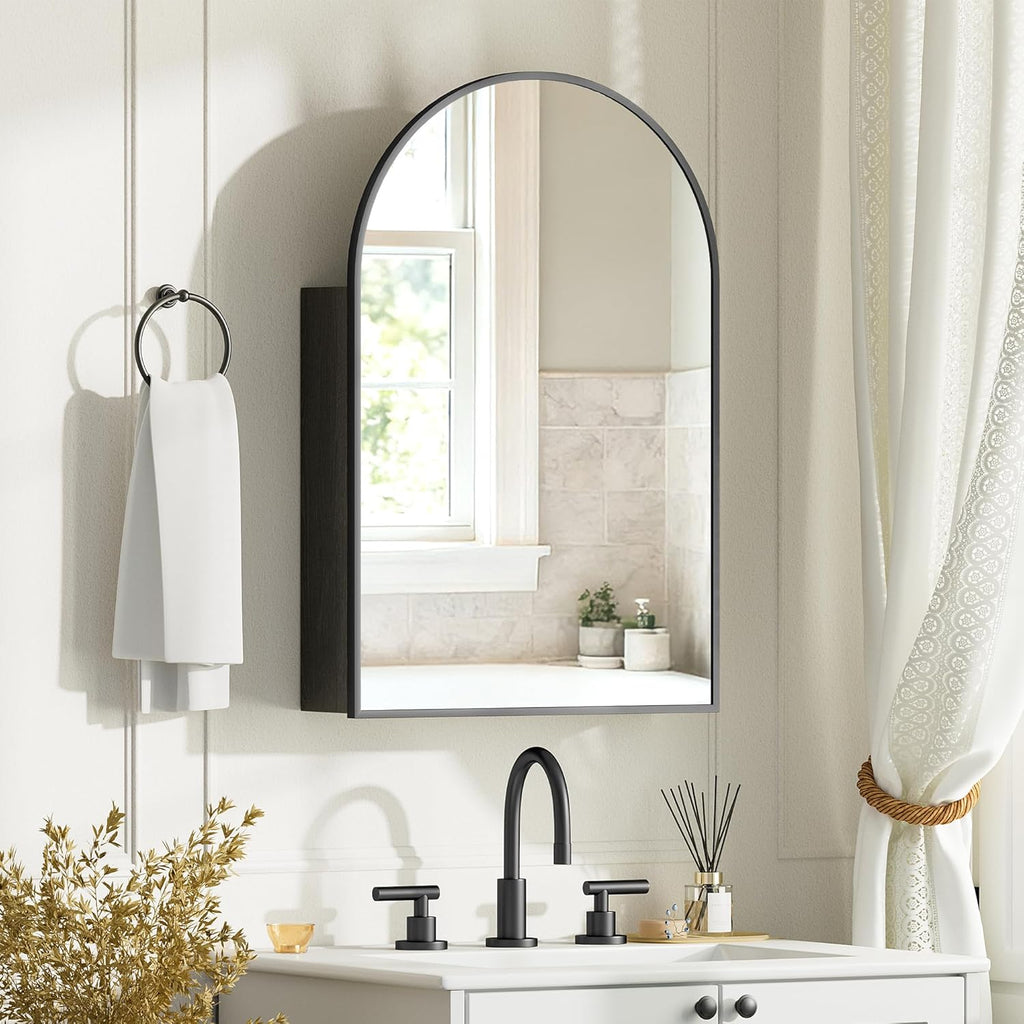 Brushed Black Arched Medicine Cabinet with Mirror, Wall Mount Bathroom Storage Cabinet, Surface Mount, Reversible Left/Right Opening Door, Modern Metal Framed Mirror Cabinet, 20 x 30 Inch
