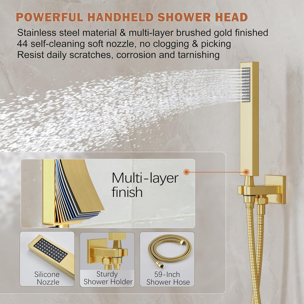 Gold Shower System, Shower Faucet Set with 10-Inch Rain Showerhead and Handheld Spray, Wall Mounted High-Pressure Showerhead Combo Set Included Valve and Trim, Brushed Gold