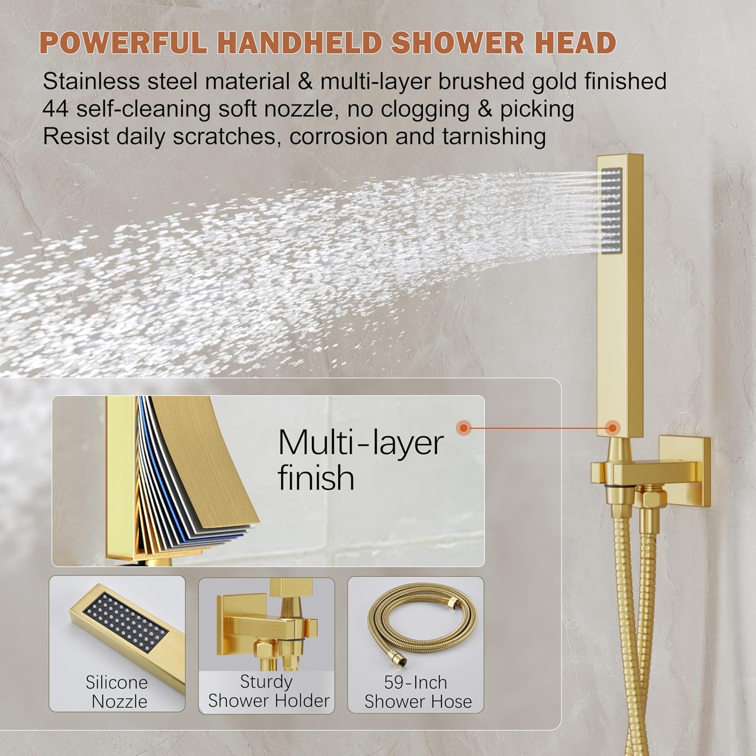 Gold Shower System, Shower Faucet Set with 10-Inch Rain Showerhead and Handheld Spray, Wall Mounted High-Pressure Showerhead Combo Set Included Valve and Trim, Brushed Gold