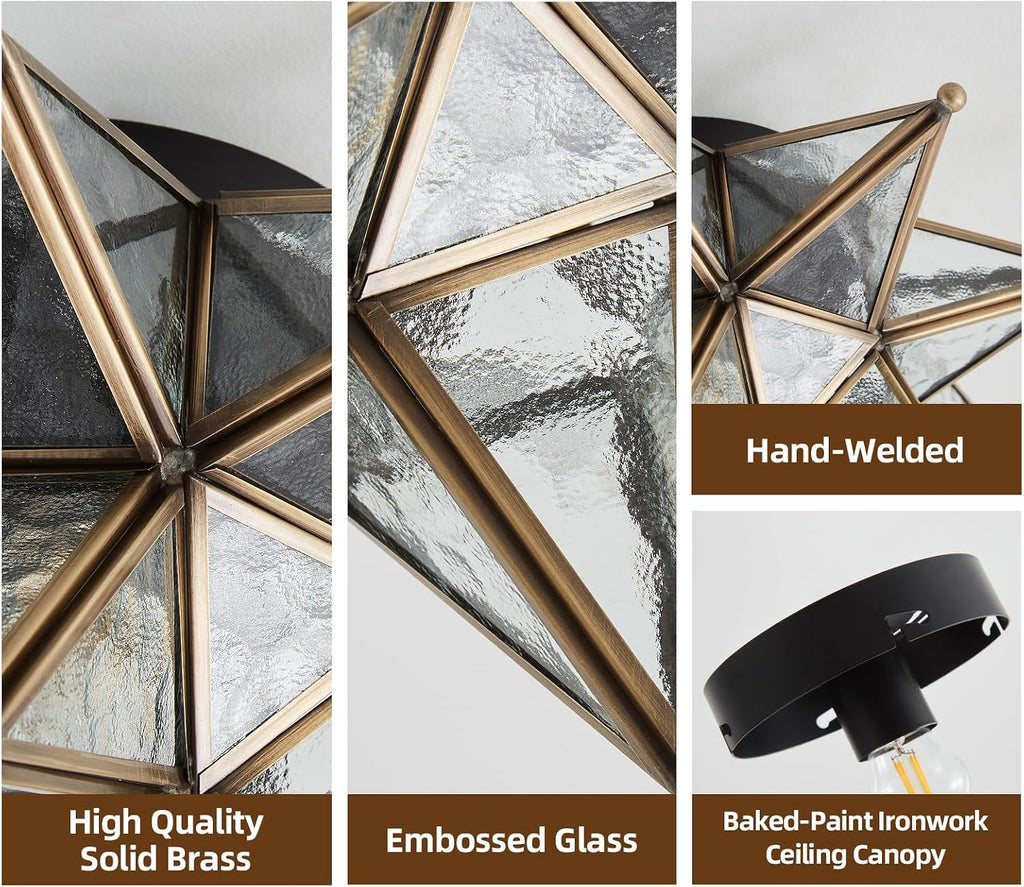 Moravian Brass Star Ceiling Light - 12.7 Inch Oil Rubbed Bronze Black Vintage Flush Mount Lighting Fixtures - Art Deco Moroccan Glass Fixture Lights for Hallway Kitchen Farmhouse Bedroom Entryway