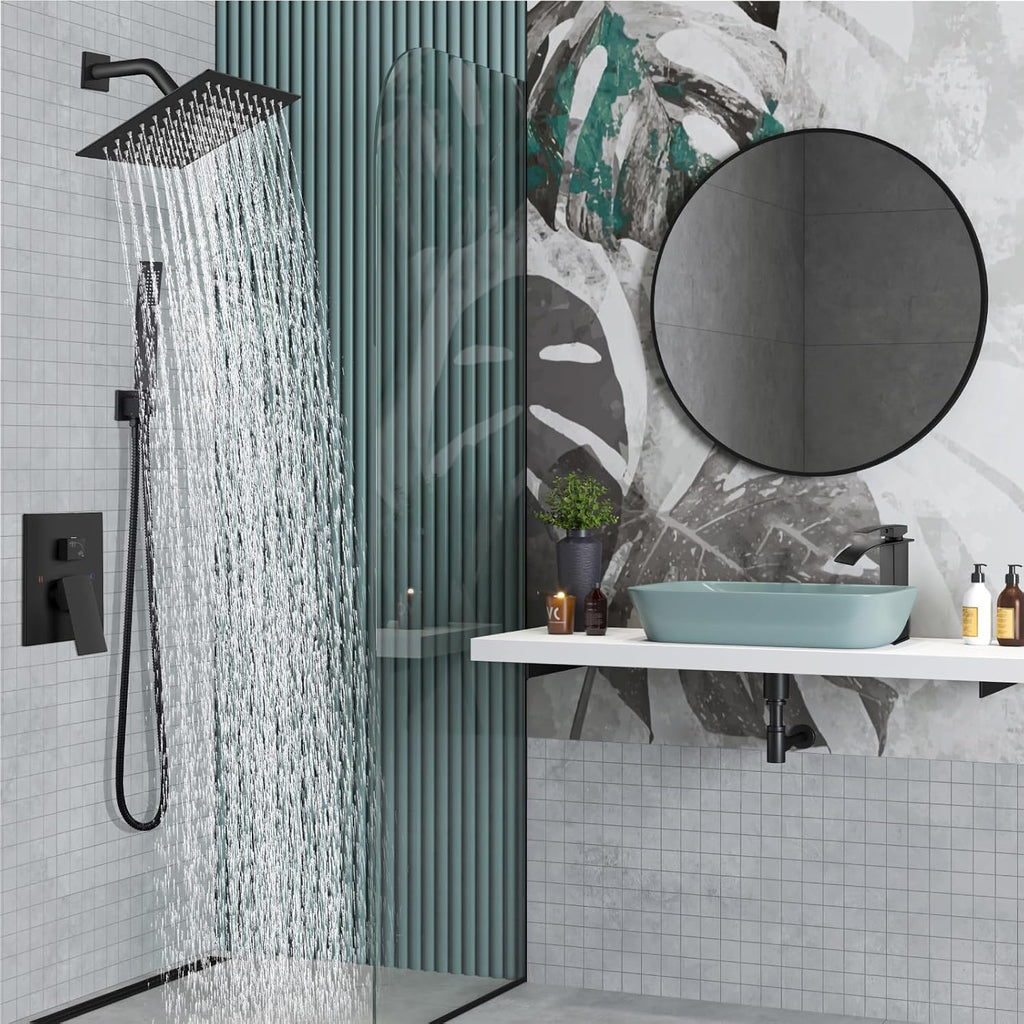 Midanya Shower Faucet Set,Wall Mount Shower System with Square Rain Shower Head and Hand Sprayer, Rough-in Valve Body and Trim Kit Included,8 Inch,Matte Black