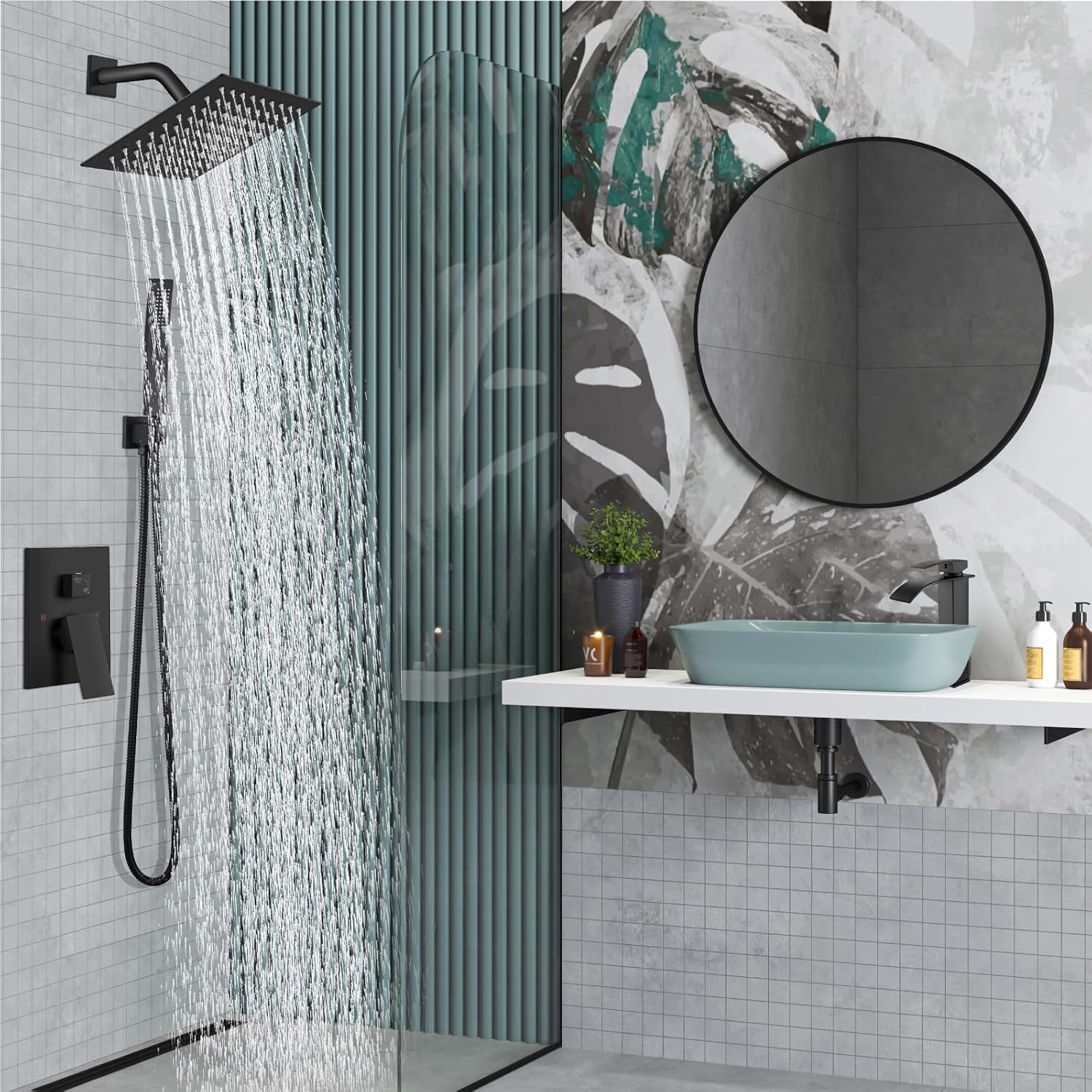 Midanya Shower Faucet Set,Wall Mount Shower System with Square Rain Shower Head and Hand Sprayer, Rough-in Valve Body and Trim Kit Included,8 Inch,Matte Black