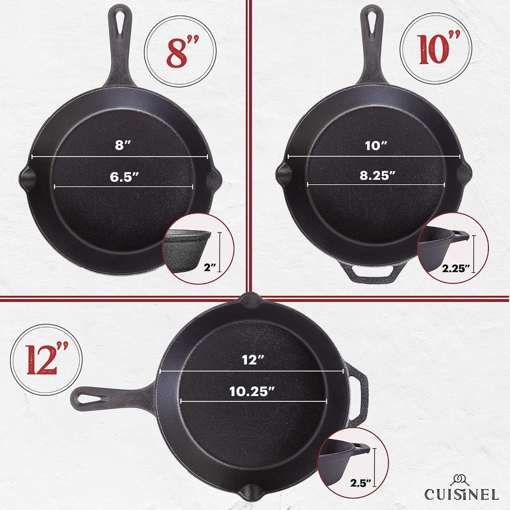 Cuisinel 12' + 10' + 8'-Inch Cast Iron Skillets Set with Braiser Lids + Silicone Handle Grips + Pan Scraper - Indoor/Outdoor Pre-Seasoned Kitchen Cookware - Oven, Fire, Stove Safe