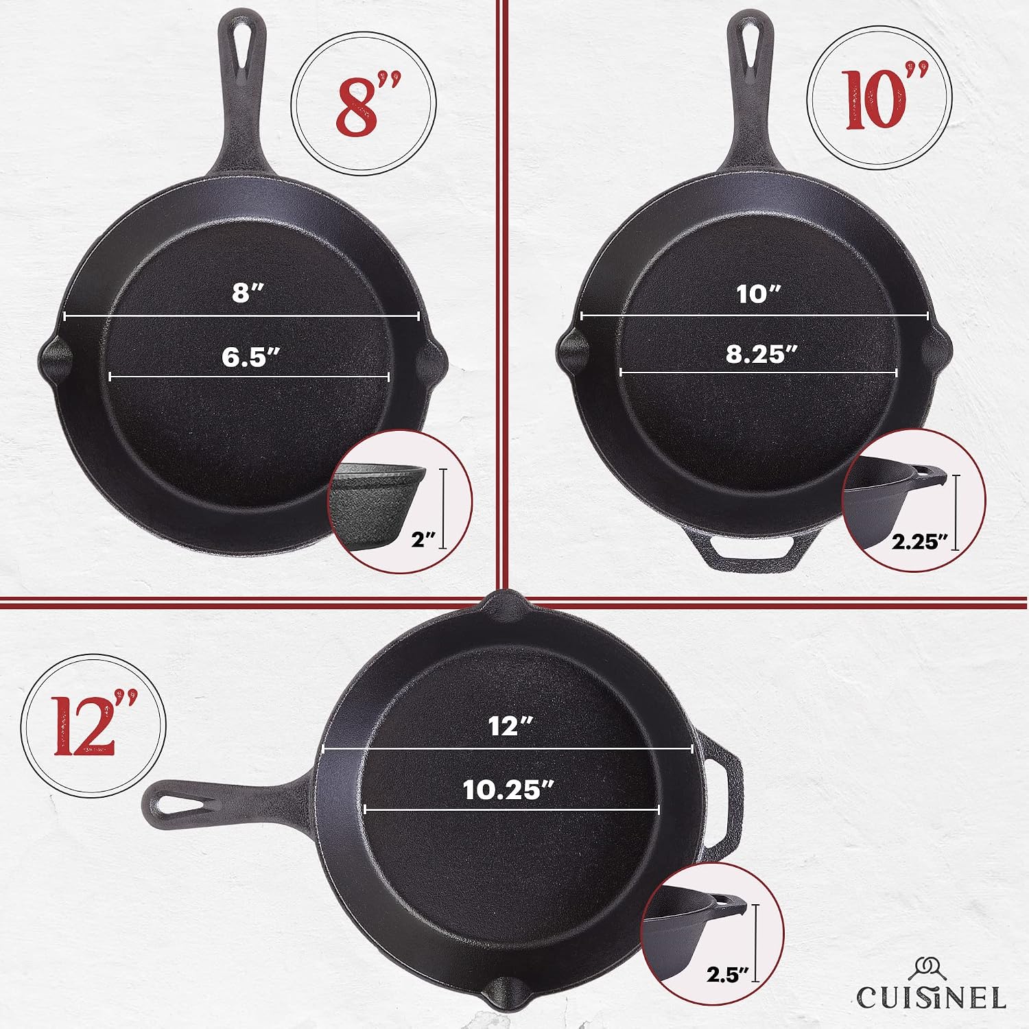 Cuisinel 12' + 10' + 8'-Inch Cast Iron Skillets Set with Braiser Lids + Silicone Handle Grips + Pan Scraper - Indoor/Outdoor Pre-Seasoned Kitchen Cookware - Oven, Fire, Stove Safe