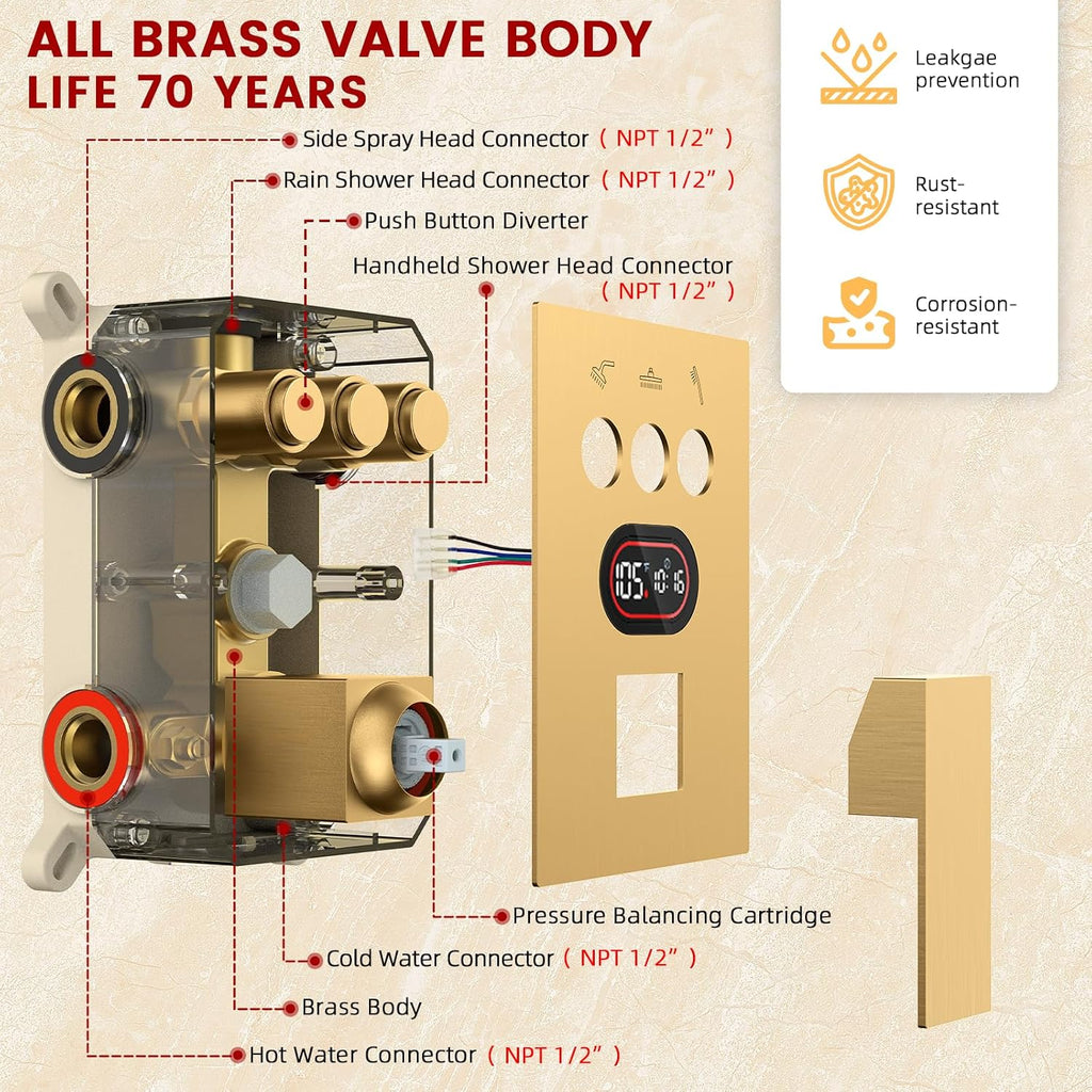Push Button Diverter Shower Faucet Set Hydro Power Temperature Display, Shower System Wall Mounted 10' & 6' Shower Head with 3-Spary Handheld, Shower Fixtures with Valve and Trim Kit, Brushed Gold