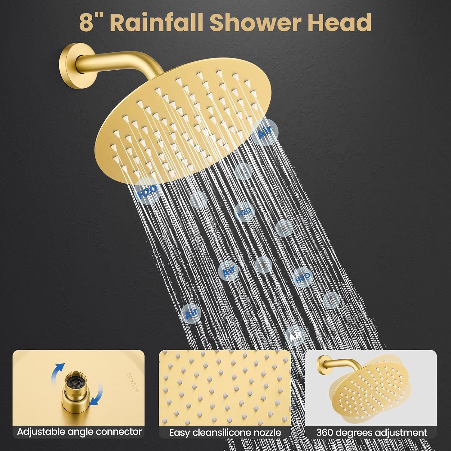 Airuida 3-Function Rain Shower System Set – Wall Mount Tub Shower Combo with Handheld Shower and Tub Spout,8 Inch Shower Head,Brushed Gold