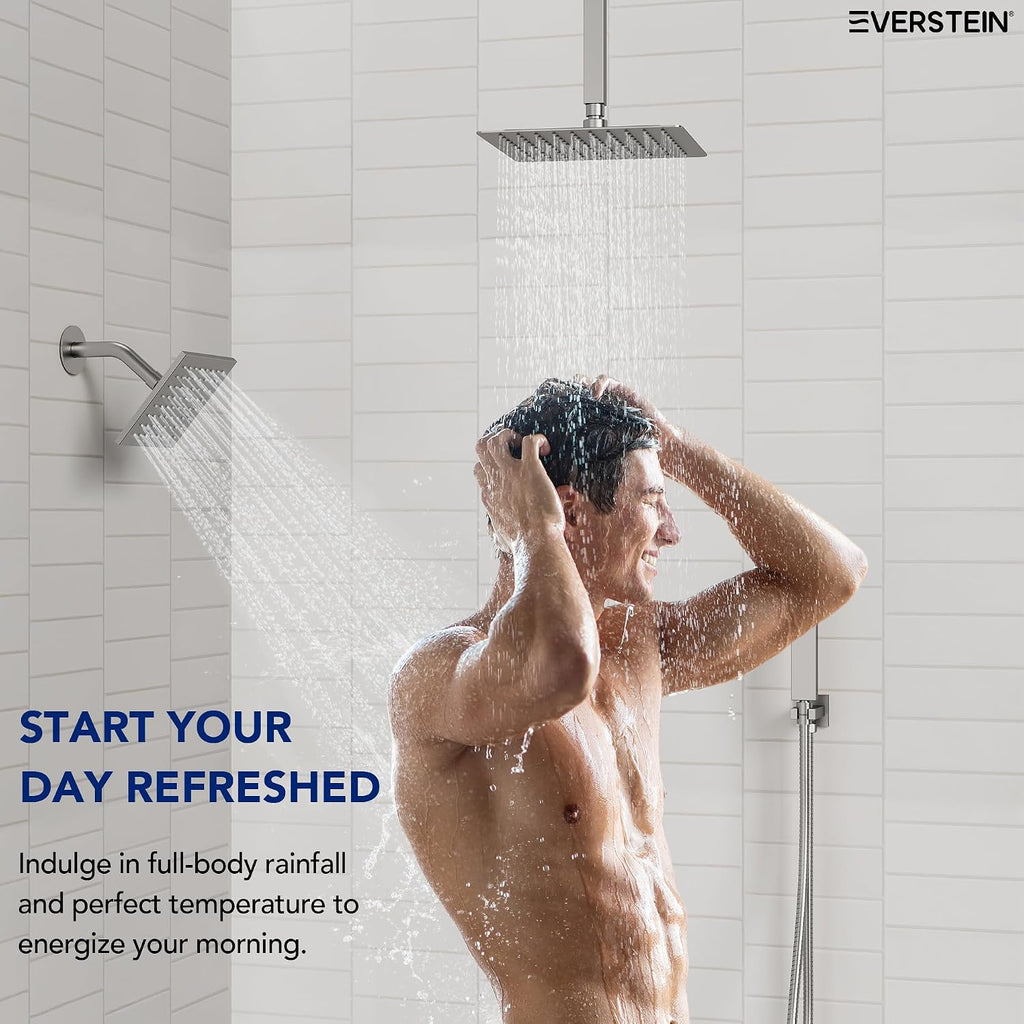 Ceiling Mount 12' High-Pressure Rainfall Shower Faucet, Dual Rainfall Shower Head System with Valve (Brushed Nickel)