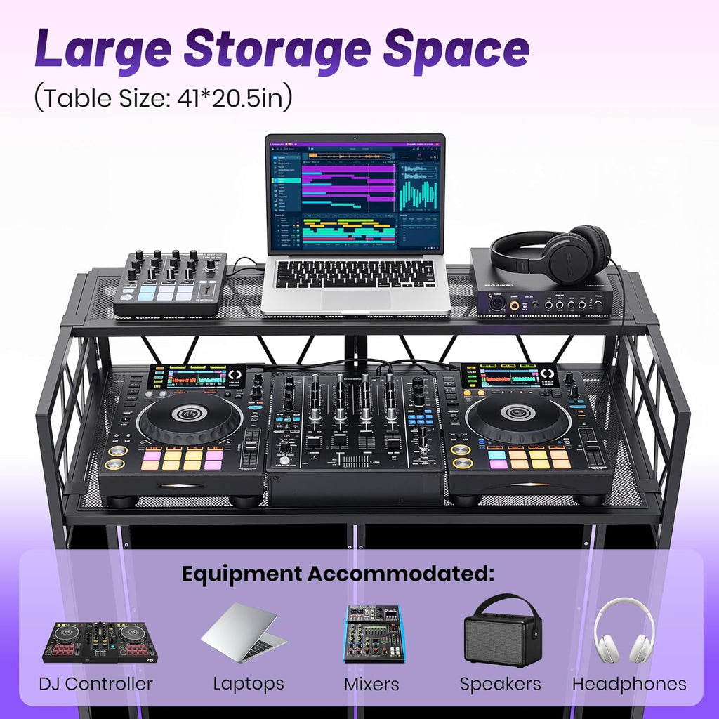 CAHAYA DJ Booth Stand Portable - DJ Table Facade for Laptop Double Top Storage Height Adjustable with Black & White Scrims DJ Stand Foldable with Storage Bag, Cable Holes, 40.7' L x 19.7' W, Black