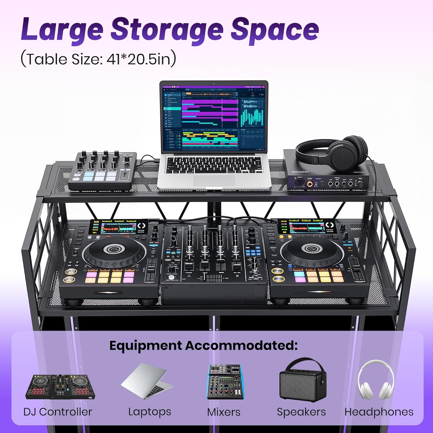 CAHAYA DJ Booth Stand Portable - DJ Table Facade for Laptop Double Top Storage Height Adjustable with Black & White Scrims DJ Stand Foldable with Storage Bag, Cable Holes, 40.7' L x 19.7' W, Black