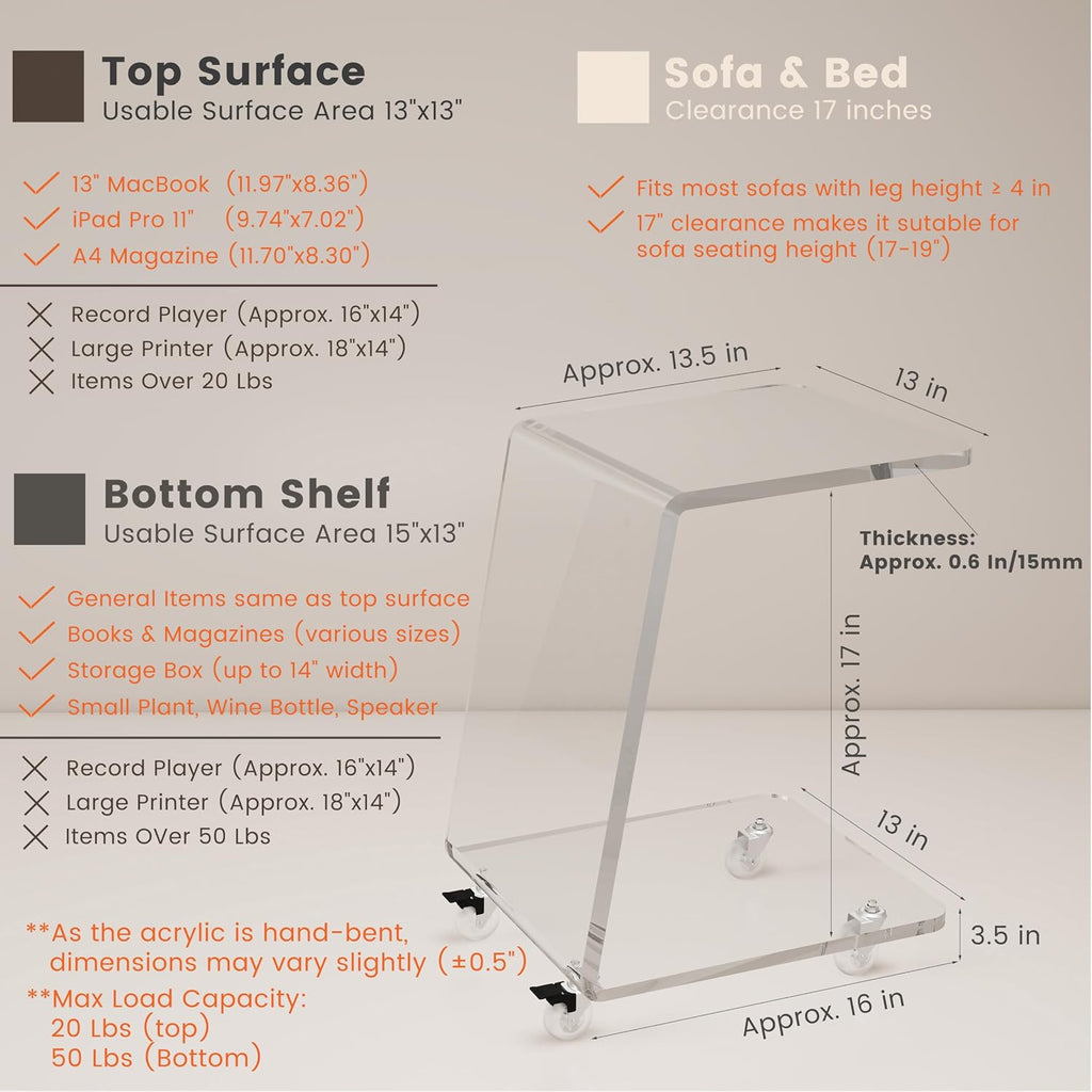 C Shaped Side Table for Sofa, Heavy Clear Acrylic Mobile End Table on Wheels, Modern Rolling Snack & Drink Use for Living Room & Bedroom, Space-Efficient Design with Sturdy Construction, 15mm Thick