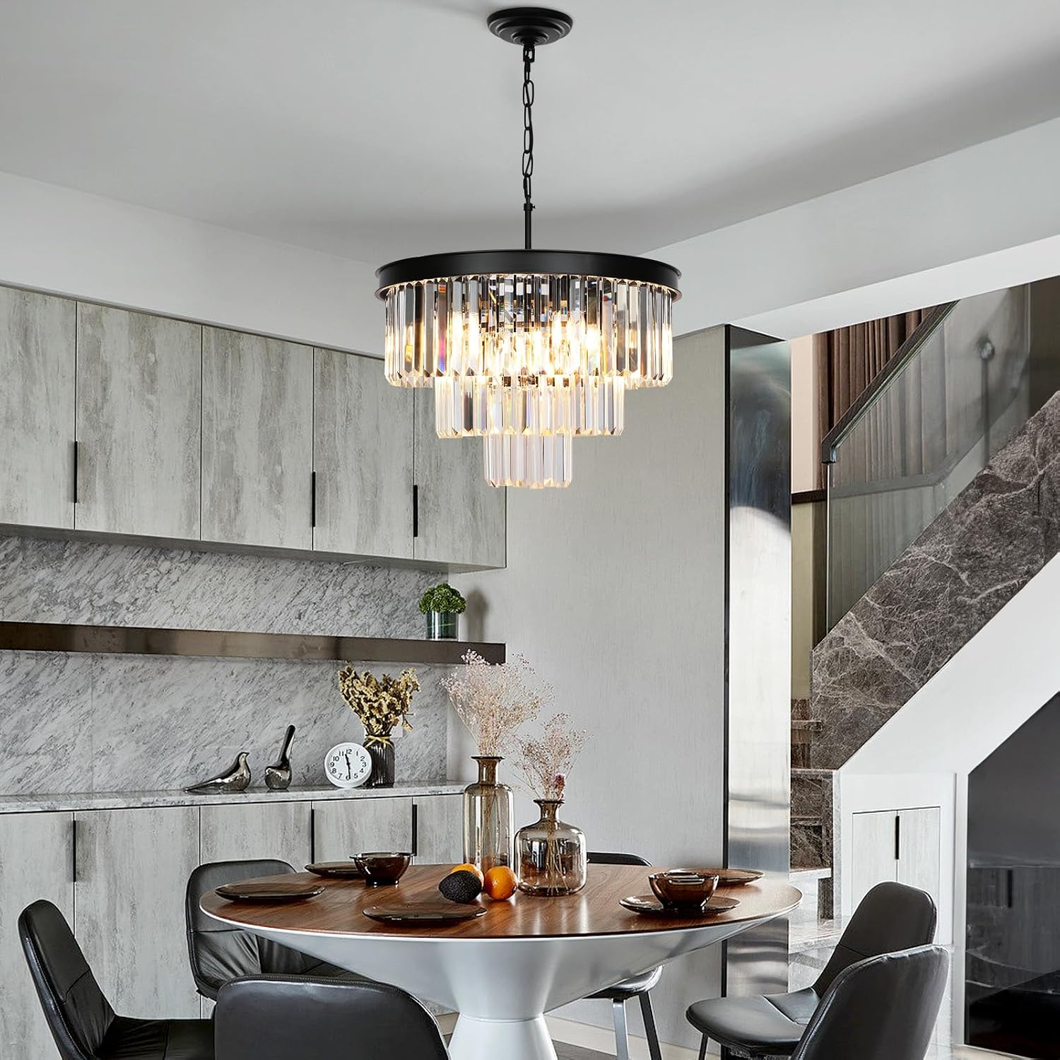 Weesalife Crystal Chandeliers for Dining Room Lights Fixtures, 9 Lights Black Modern Chandeliers for Bedroom, 3-Tier Round Crystal Lighting Fixtures for Living Room Entryway Kitchen Island D20 Inch