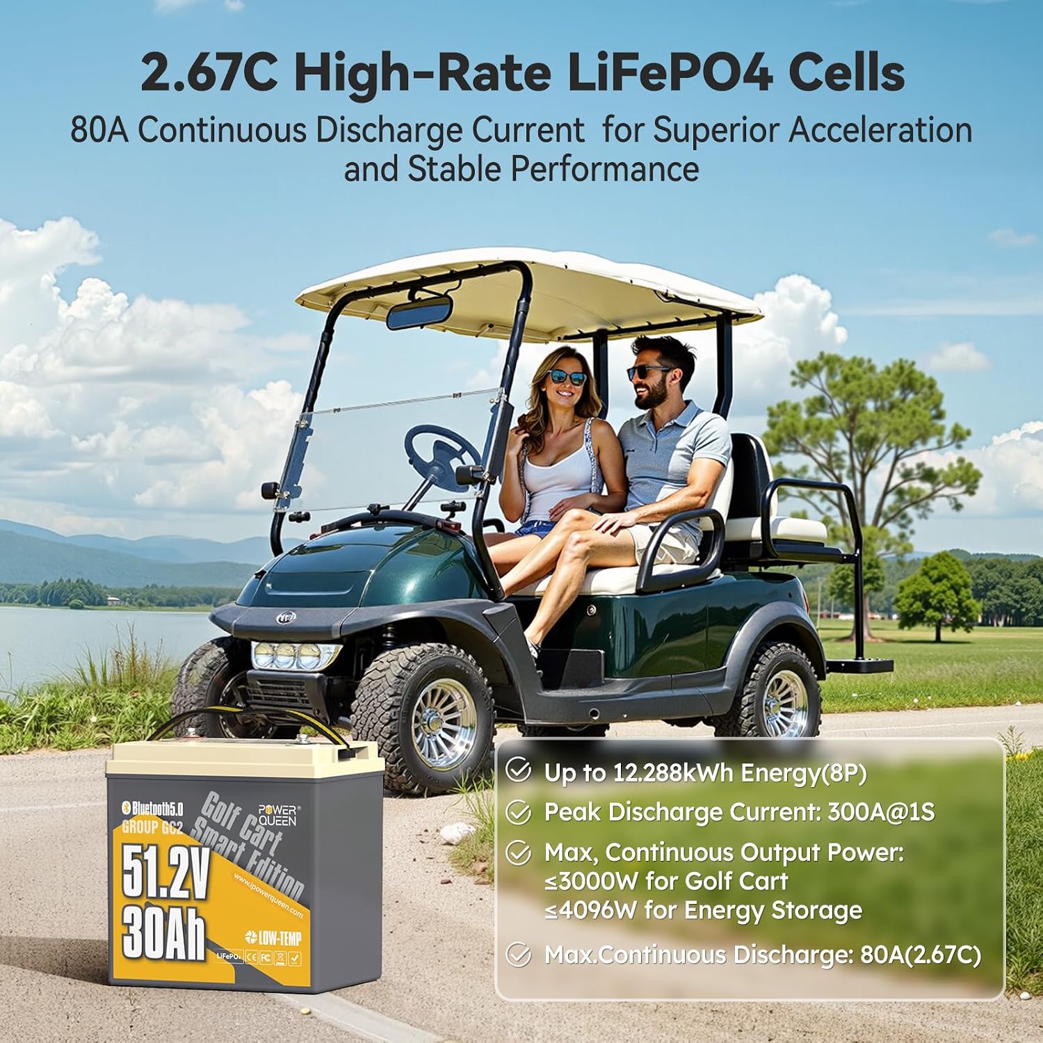 Power Queen 48V 30Ah Lithium Golf Cart Battery,GC2 LiFePO4 Battery Bluetooth,100A Smart BMS,Low-Temp Protection, Support up to 3kW Motor, Max 4.096kW Continuous Power Output, Perfect for Golf Carts