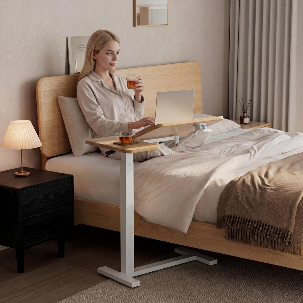 Solid Wood Overbed Bedside Table with Wheels, Tilting Adjustable Hospital Bed Table Over The Bed, Medical Mobile Laptop Stand, Rolling Standing Desk for Hospital and Home Use(Natural)