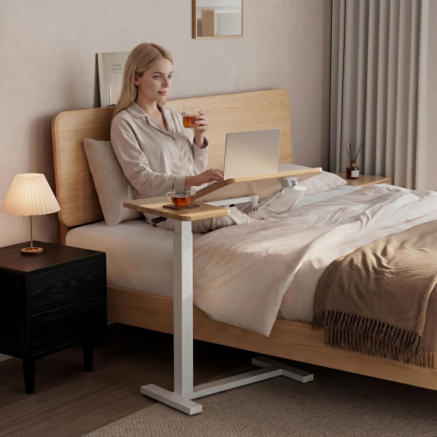 Solid Wood Overbed Bedside Table with Wheels, Tilting Adjustable Hospital Bed Table Over The Bed, Medical Mobile Laptop Stand, Rolling Standing Desk for Hospital and Home Use(Natural)