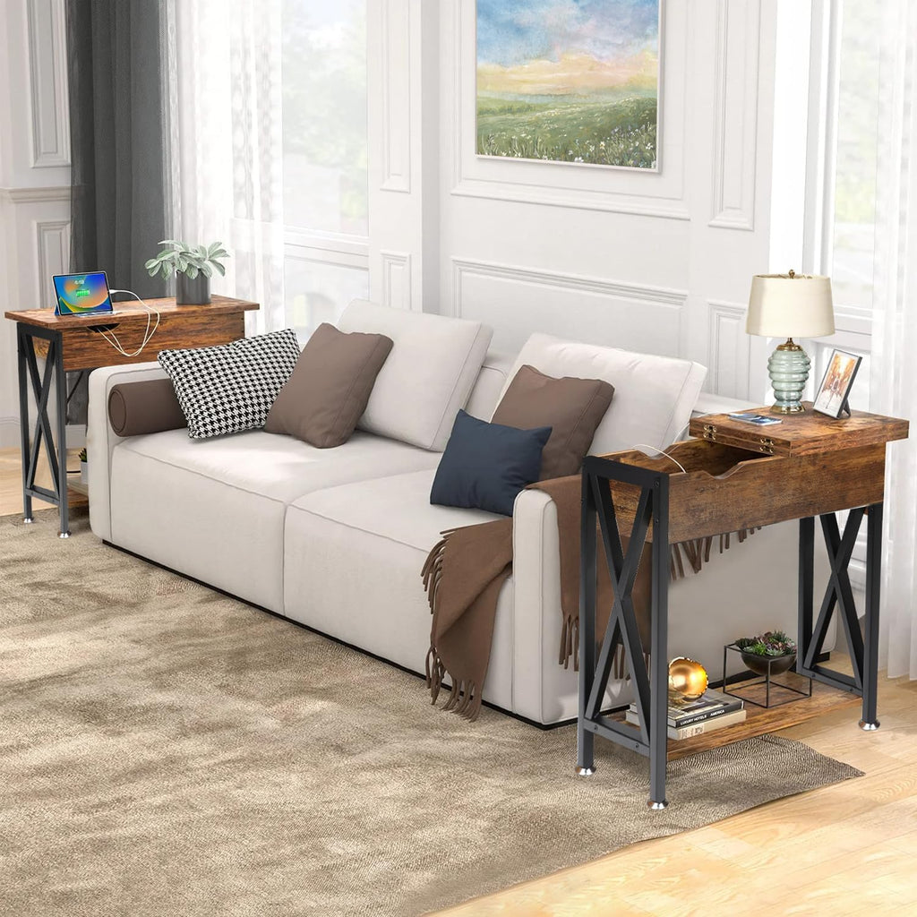 TooCust End Tables Living Room Set of 2, Narrow Side Table with Charging Station, 12' D x 24' W x 24' H, Flip Top End Table with USB Ports and Outlets, Couch End Tables Set of 2, Steel X-Shaped Frame