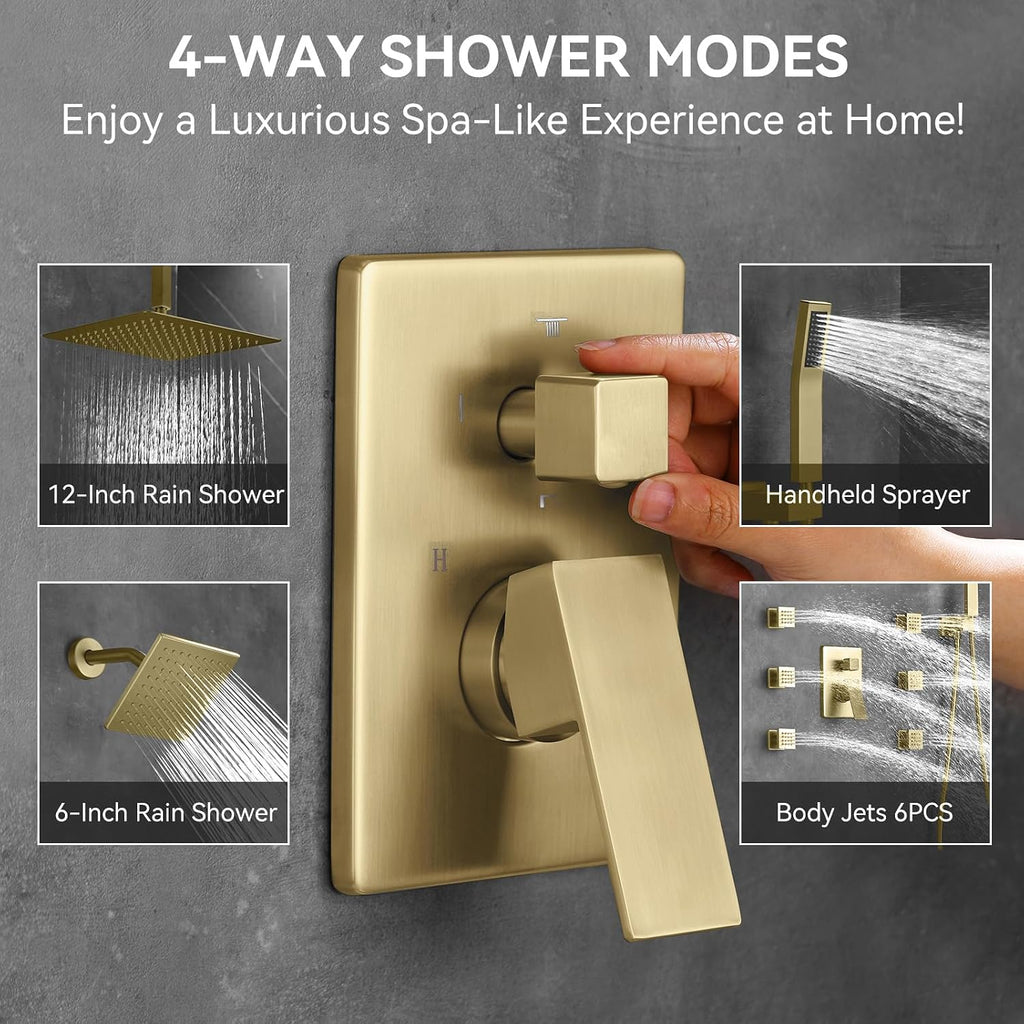 Shower System Brushed Gold Dual Shower Head with Body Jets, Oupukle Four Modes Shower Faucet Set Ceiling Mount 12' Rain Shower Head & 6' Wall Mounted Head with 6PCS Body Jets