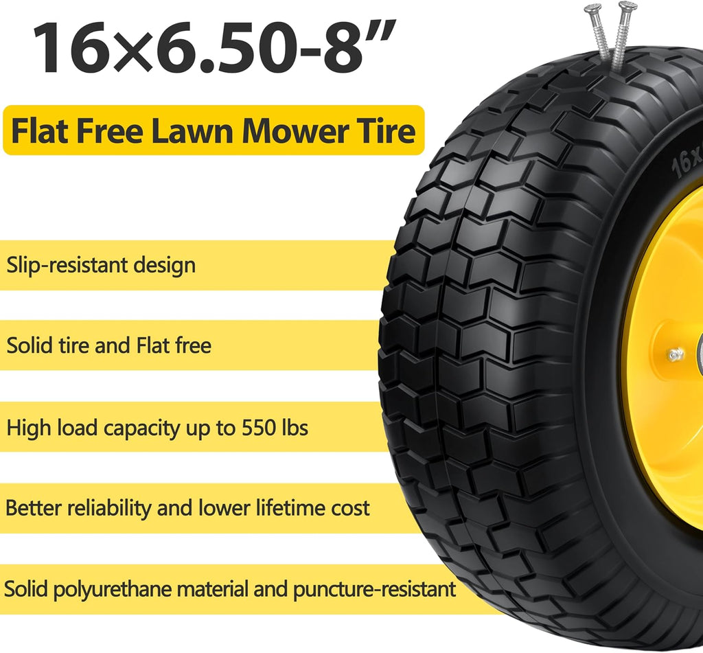 2Pcs 16×6.50-8 Tire and Wheel with 1 Inch Axle, Flat Free 16x6.5-8 Lawn Mower Tire, with 3/4' Bearing & 1' Bushing, 3-5' Offset Hub, for Lawn&Garden Riding Tractors Front Assembly Replacement, 550lbs