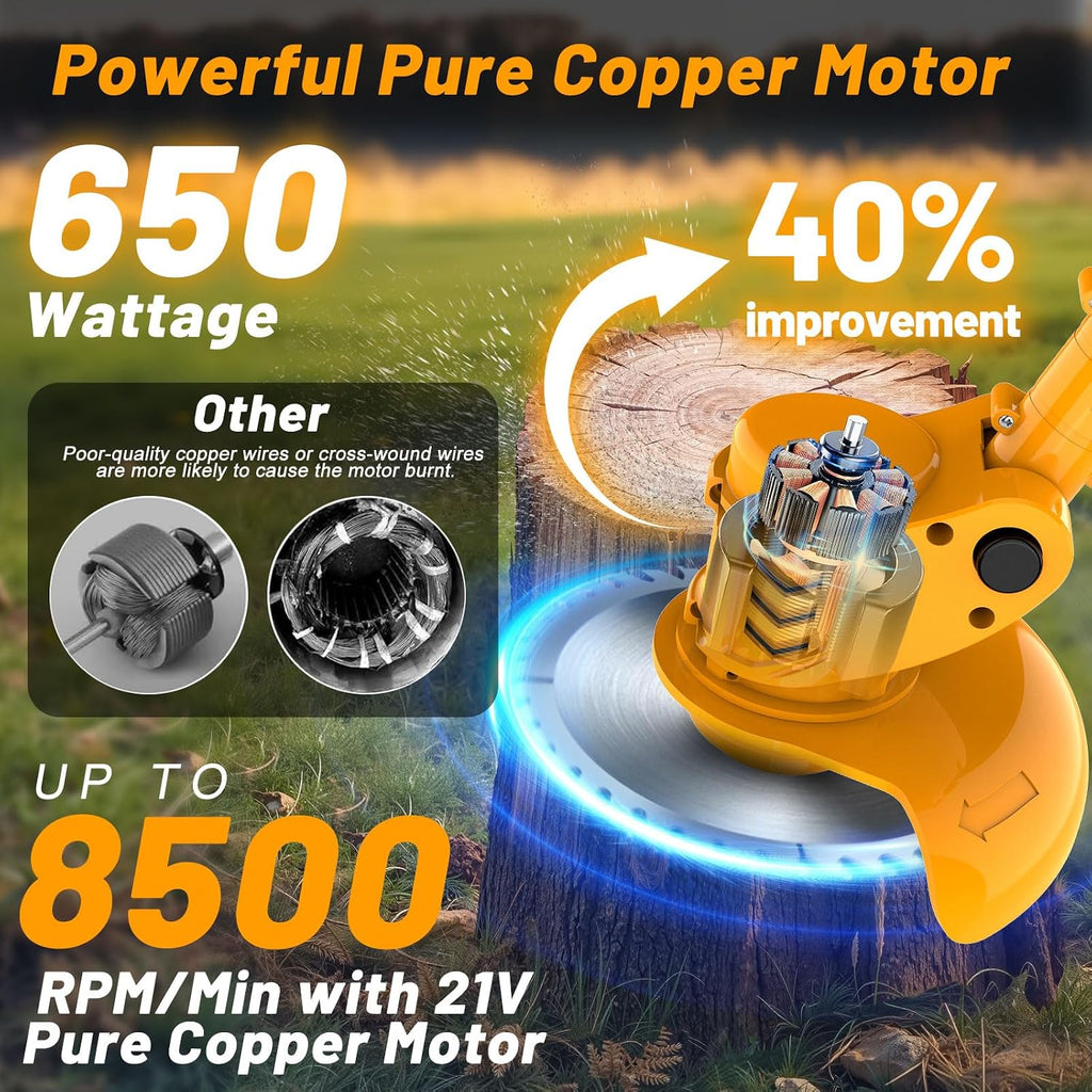 20000 RPM Electric Weed Wacker Cordless Weed Eater Battery Powered 21V, 4-in-1 Brush Cutter/String Trimmer/Grass Trimmer/Lawn Mower, 6″ Edger Stringless Weed Trimmer with Wheel & Blade,2 Battery