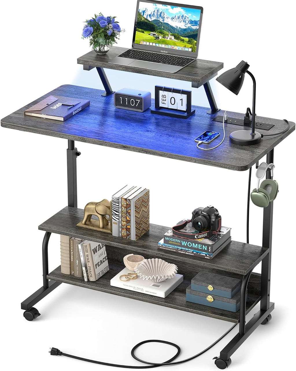 Height Adjustable Standing Desk with Power Outlets and LED Lights - 32' Manual Stand Up Desk with Monitor Stand and Storage Shelves Small Mobile Rolling Computer Desk Portable Laptop Table, Grey Oak