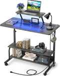 Height Adjustable Standing Desk with Power Outlets and LED Lights - 32' Manual Stand Up Desk with Monitor Stand and Storage Shelves Small Mobile Rolling Computer Desk Portable Laptop Table, Grey Oak