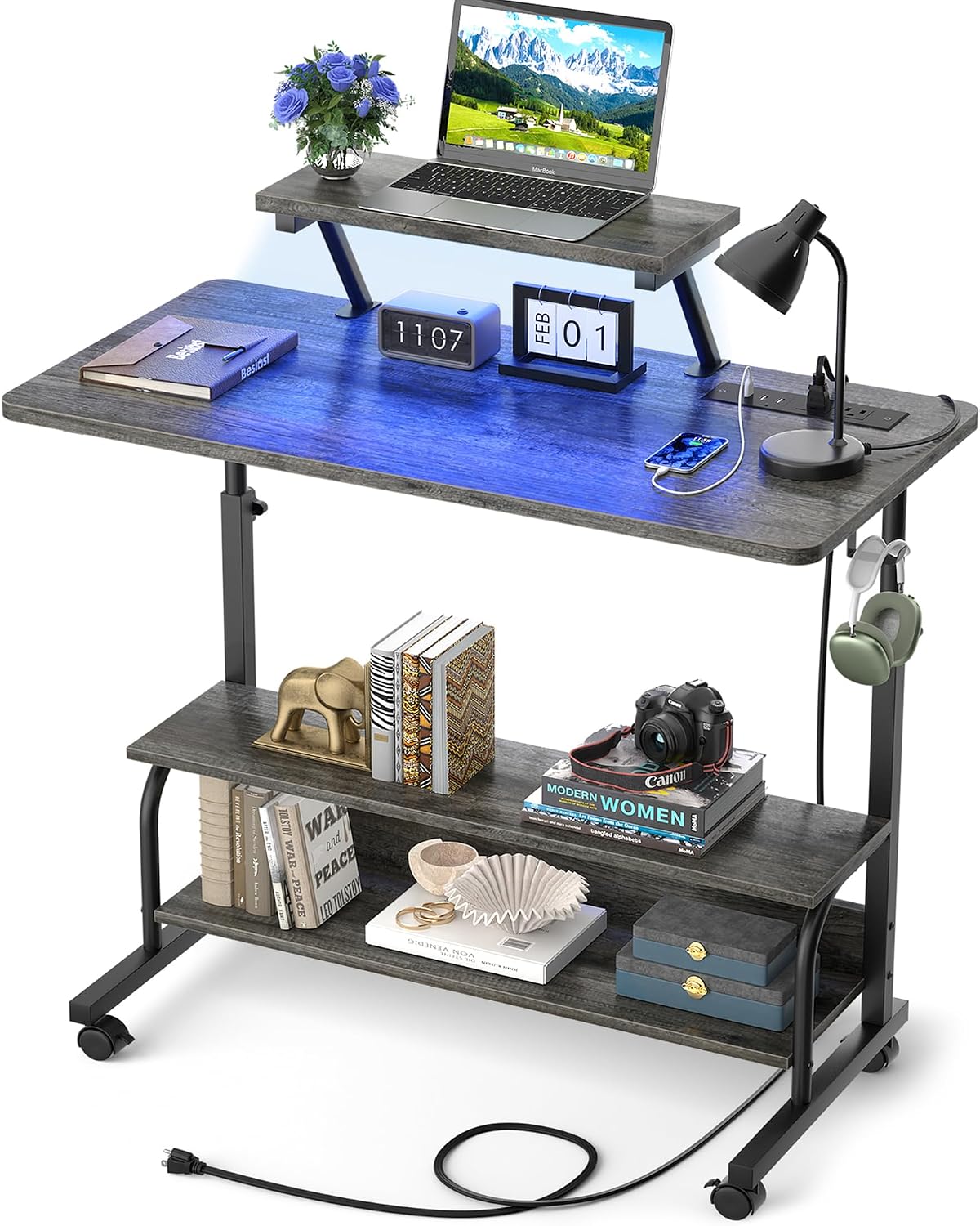 Height Adjustable Standing Desk with Power Outlets and LED Lights - 32' Manual Stand Up Desk with Monitor Stand and Storage Shelves Small Mobile Rolling Computer Desk Portable Laptop Table, Grey Oak