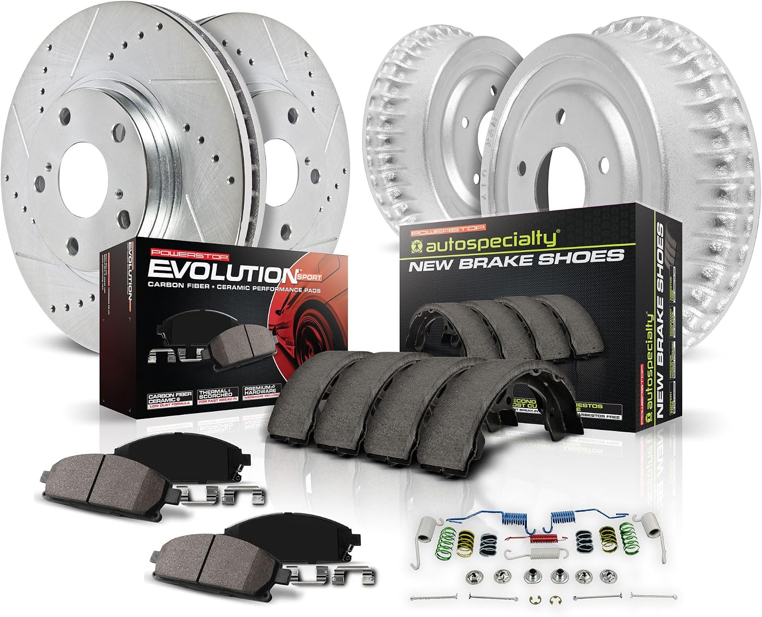 Power Stop K15243DK Front and Rear Z23 Carbon Fiber Brake Pads with Drilled & Slotted Brake Drums Kit For Honda Civic 2013-2015 [Model Specific]