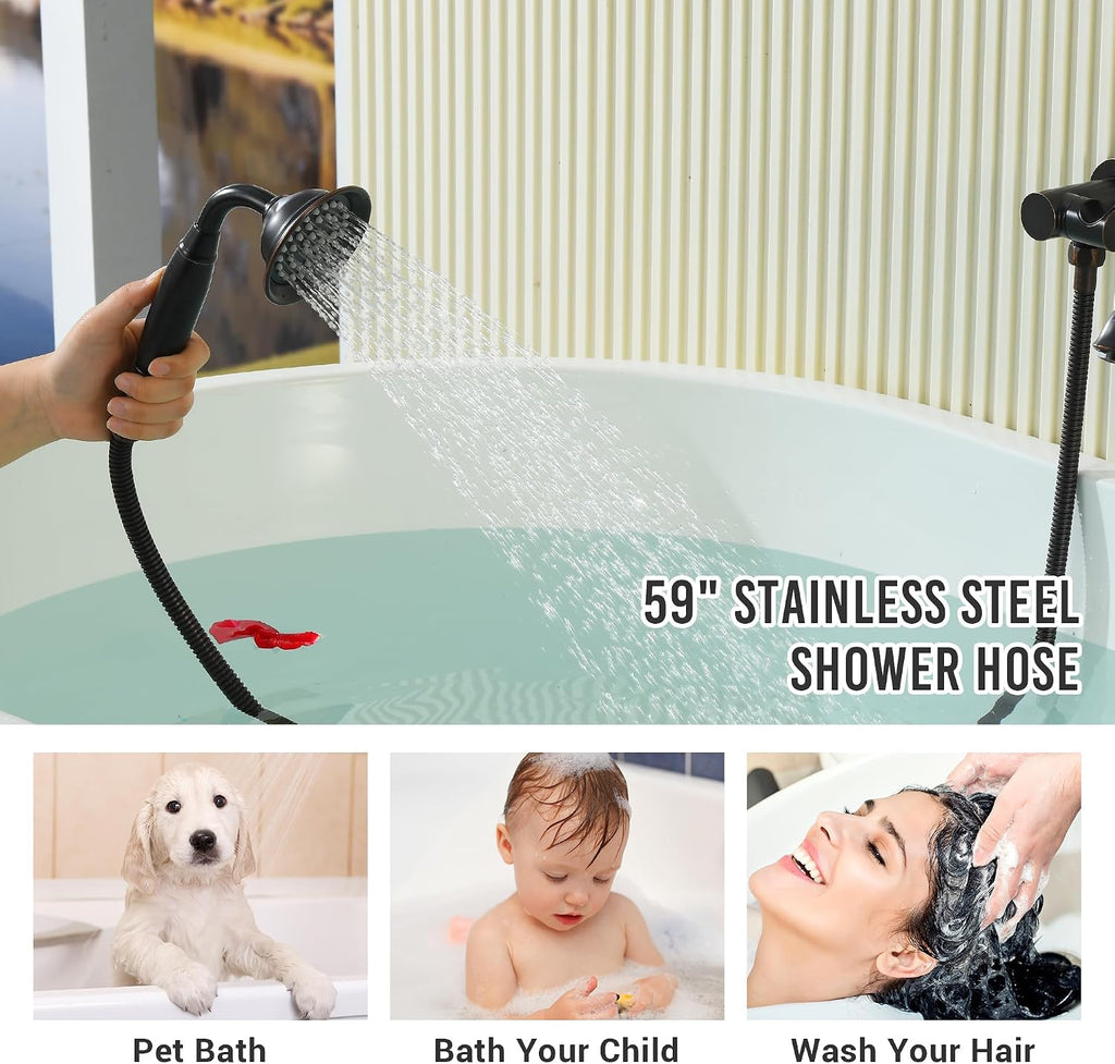 DASAN Antique Wall Mount Tub Filler Faucet with Hand Held Shower, Oil Rubbed Bronze Bathtub Faucet with Sprayer Wall Mounted Roman Bath Tub Faucet Set with High Flow Rough in Valve, AT201TF-ORB