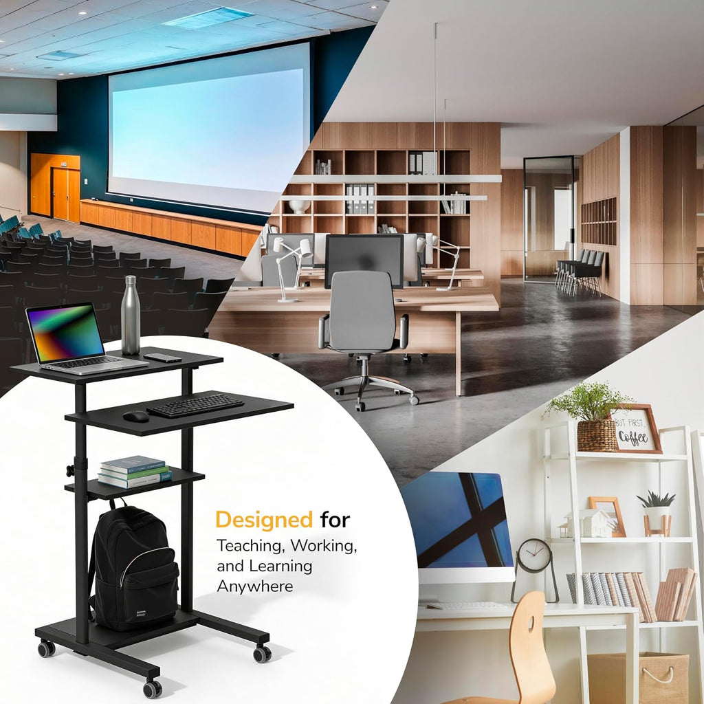 Mount-It! Black Rolling Standing Desk, Adjustable Height up to 54.7', Portable Laptop Podium Desk on Wheels, Mobile Computer Workstation with 4 Shelves 27.5' Wide, Cart for Home Office or Classroom