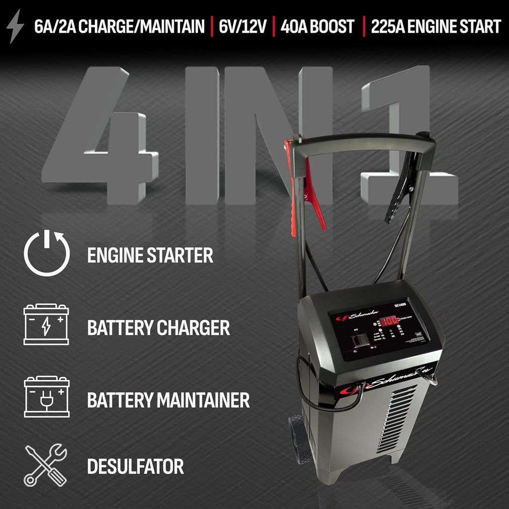 Schumacher Electric Wheeled Automatic 6A Car Battery Charger and 300A Engine Starter, 4-in-1 Solution, Maintainer, 60A Boost, for 6V/12V Power Sport, Automotive, and Marine Batteries, SC1400