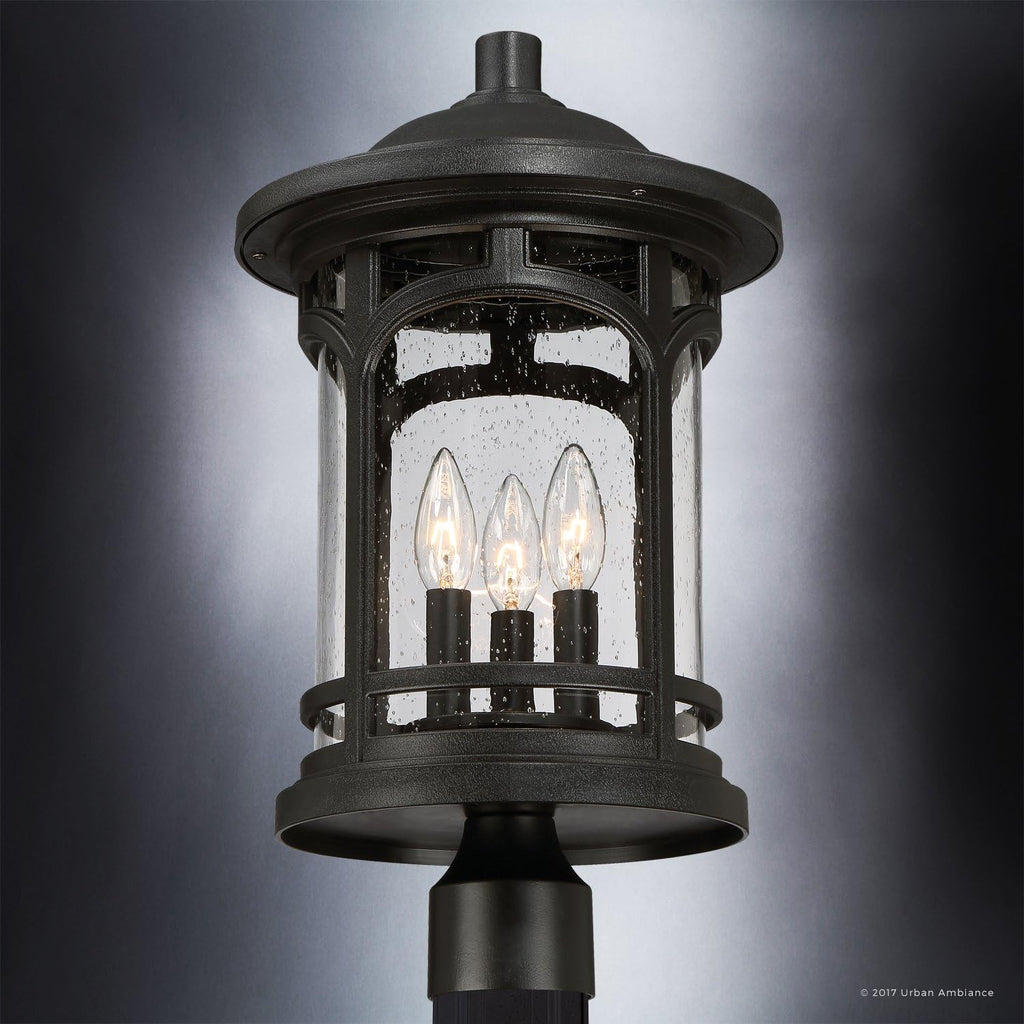 Urban Ambiance Luxury Rustic Outdoor Post Light, Medium Size: 19' H x 11' W, with Colonial Style Elements, Wrought Iron Design, High-End Black Silk Finish and Seeded Glass, UQL1106
