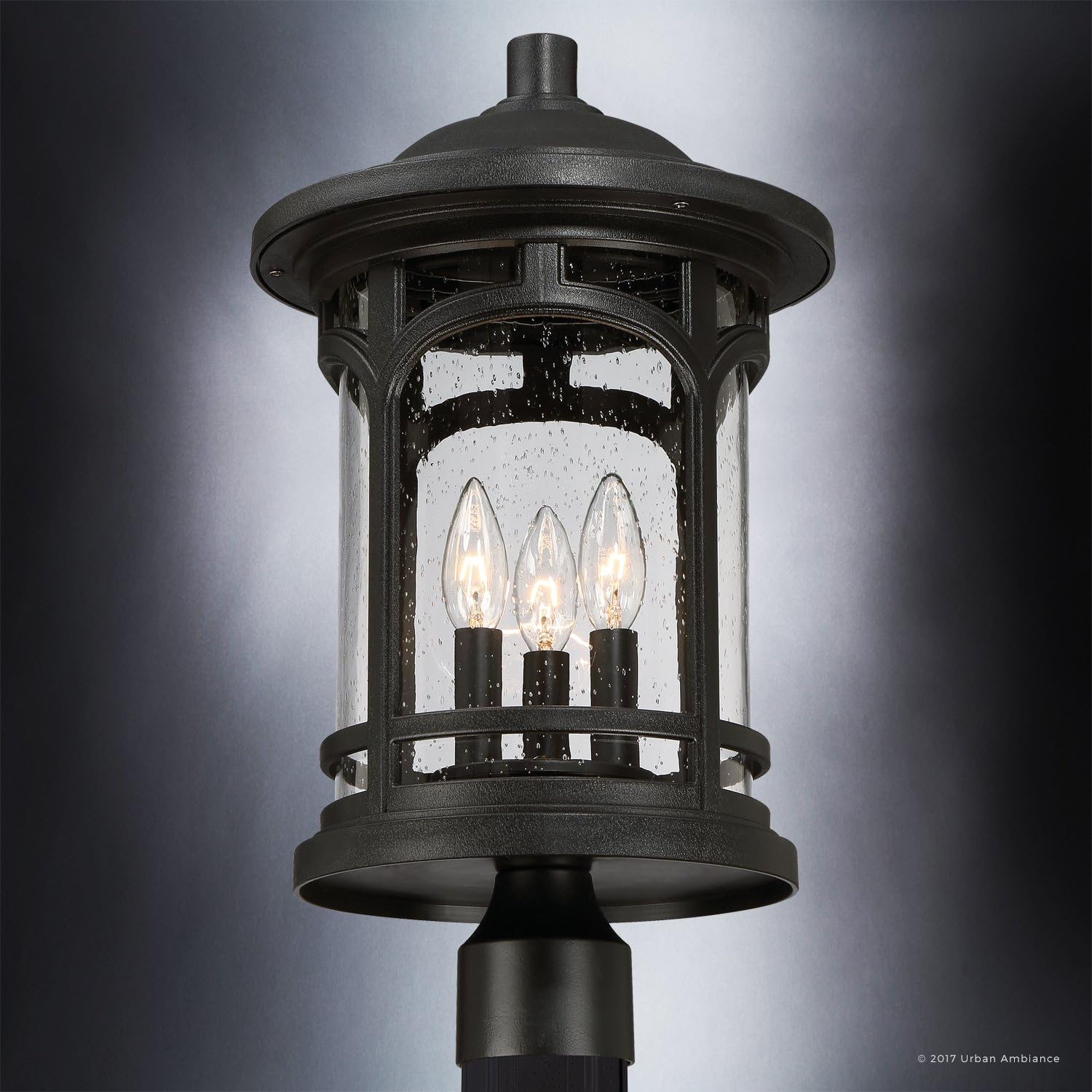 Urban Ambiance Luxury Rustic Outdoor Post Light, Medium Size: 19' H x 11' W, with Colonial Style Elements, Wrought Iron Design, High-End Black Silk Finish and Seeded Glass, UQL1106