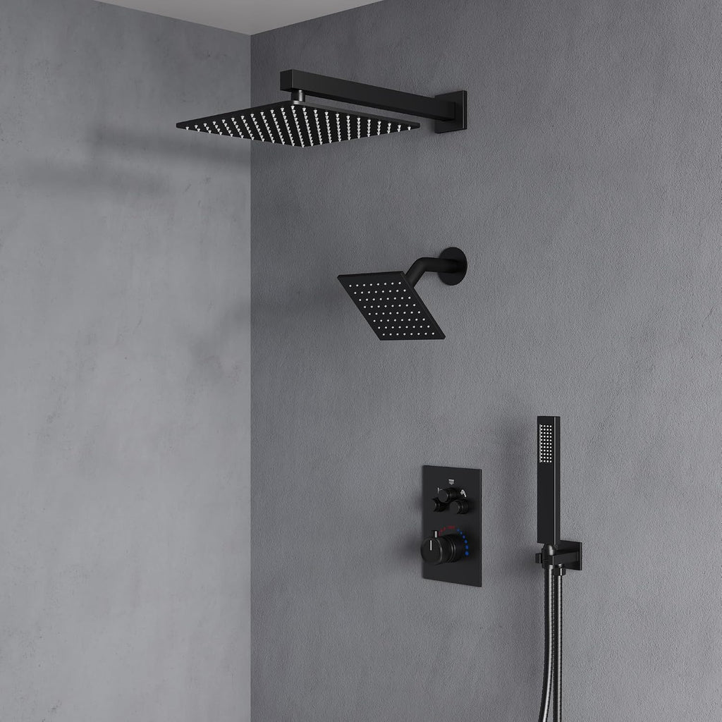 Wall Mount 12' High-Pressure Rainfall Shower Faucet, Dual Rainfall Shower Head System with Valve (Matte Black)