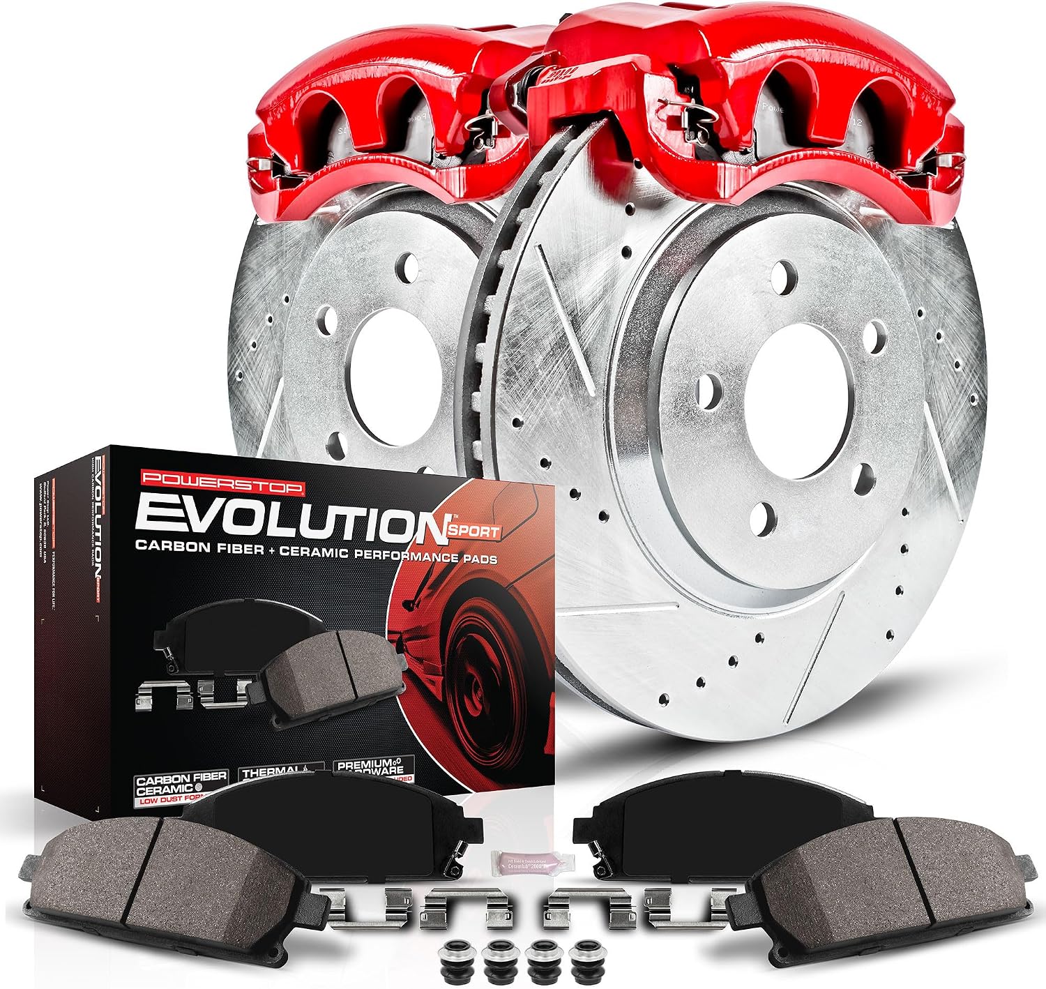 PowerStop Front Brake Kit for Ford Flex 2009-11 |Taurus 2010 |Lincoln MKS 2009-10 |MKT 2010 - Carbon-Fiber Ceramic Brake Pads + Drilled & Slotted Rotors + Red Powder Coated Calipers, KC5509