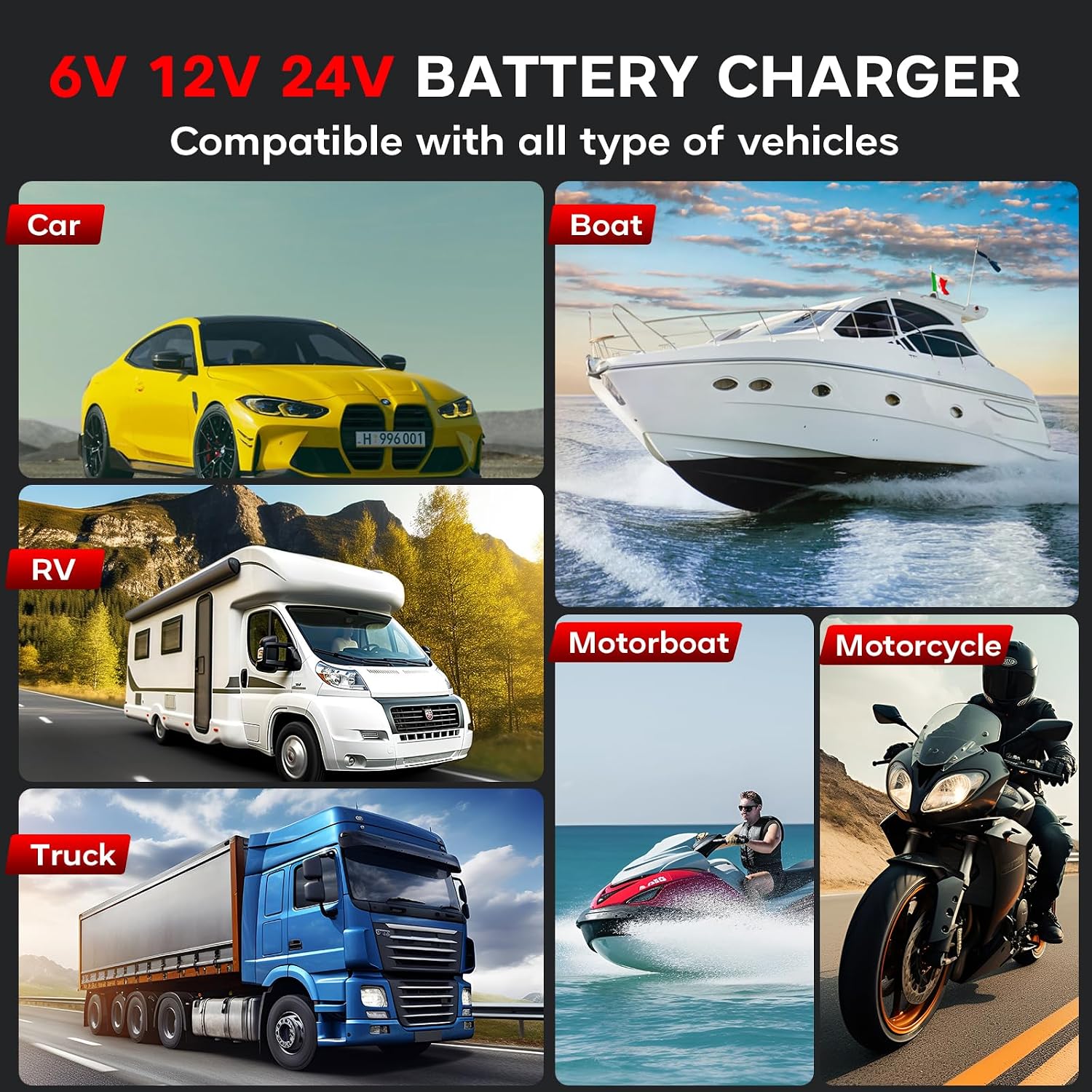40 Amp Battery Charger, 6V/12V/24V Smart trickle Charger,car Battery Charger,Lithium, Lifepo4, Lead Acid (AGM/Gel/SLA...) Battery maintainer, desulfurizer, for:car, Boat, Motorcycle,Lawn mowers..