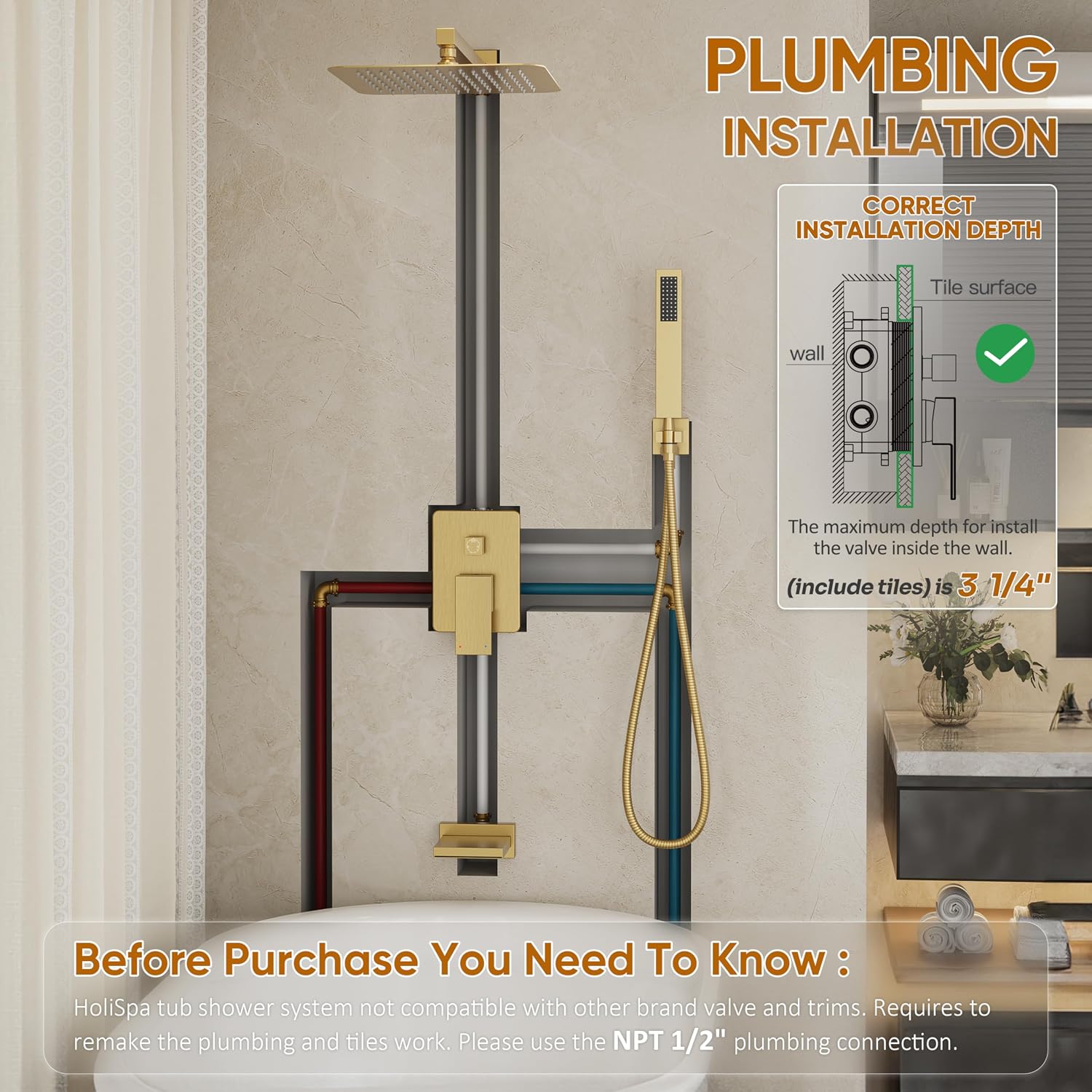 Gold Tub Shower System, All Metal Tub Shower Faucet Set with 12' Rain Shower Head and Handheld Spray combo, Wall Mounted Shower Systems with Tub Spout, Valve and Trim Kit, Brushed Gold