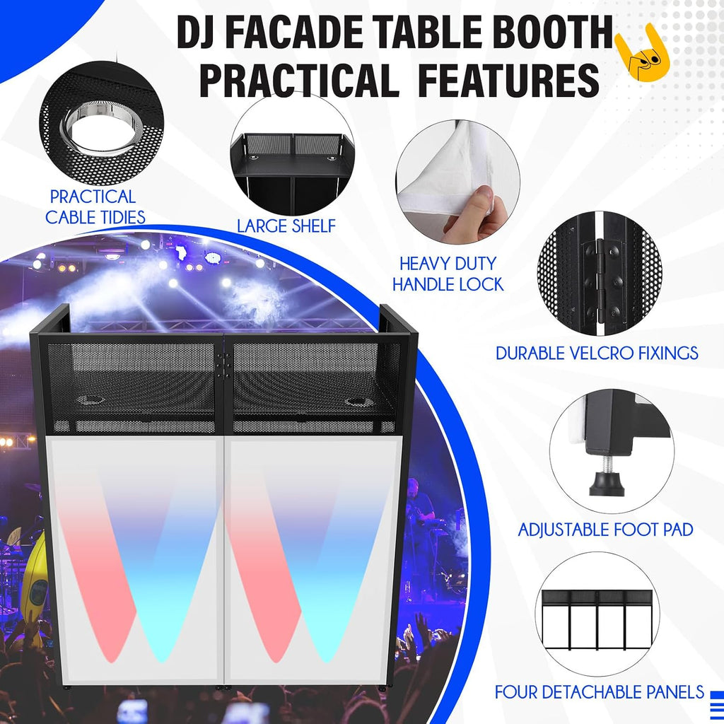 Portable DJ Facade Booth, Foldable DJ Table Station With White & Black Lighting Scrim,50'L x48' Hx 25'W DJ Stand Booth,With Adjustable DJ Event Facade Feet for Party, Black Metal Frame (52x 43.2 x 26)