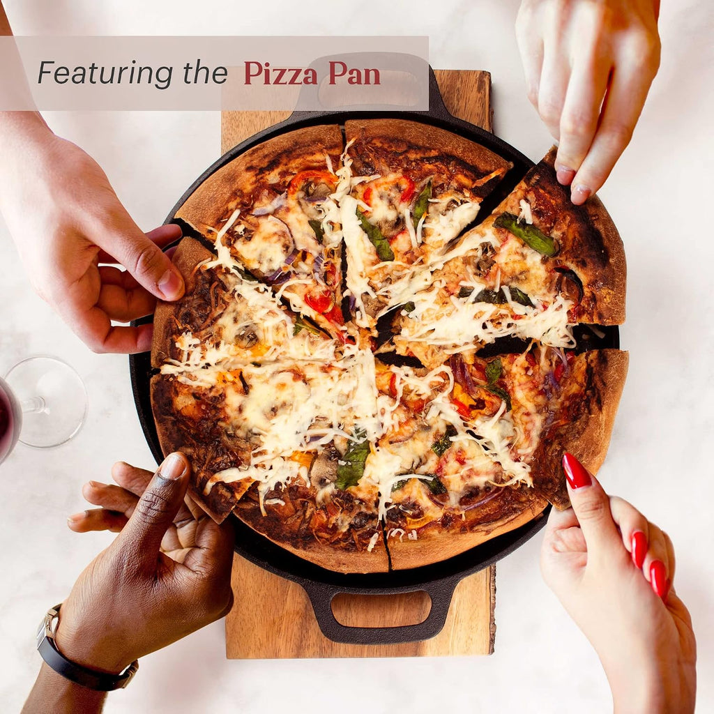 Cuisinel Cast Iron 18-Piece Preseasoned Cookware Set: 10'+12' Skillets w/Lids + 5-Qt Dutch Oven + 10.5' Square Grill Pan w/Lid + Pizza Pan + Round Griddle + 15' Organizer +Scraper + Silicone Handle