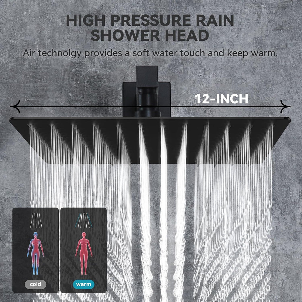 Rain Shower System With Complete 6 Pcs Body Sprays Jets And Pressured Balance Rough-in Valve,12Inch Rainfall Shower Head And Handheld, Modern Matte Black Wall Mount Shower Faucets Sets