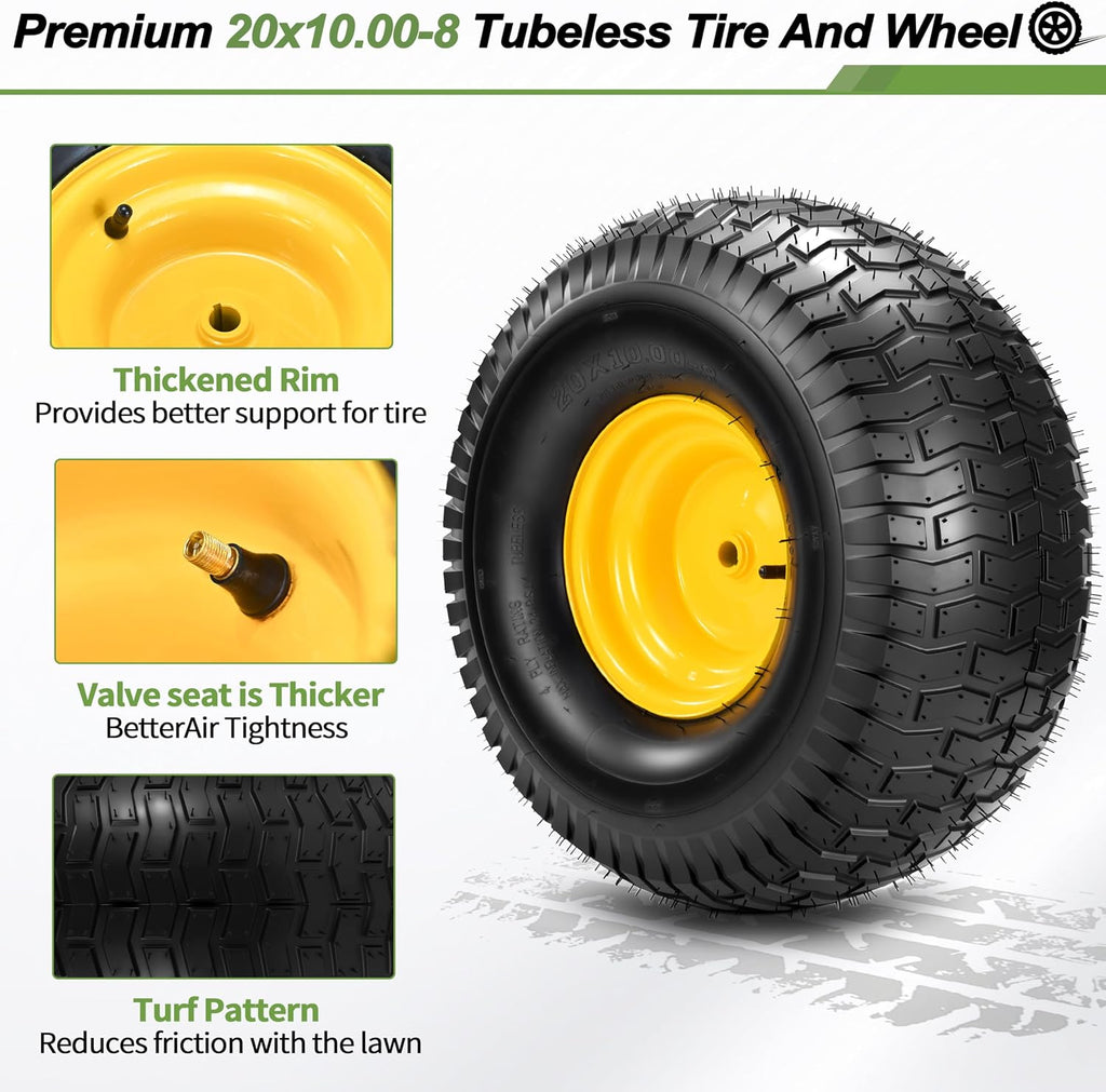 2PCS 20x10.00-8 Tubeless Lawn Mower Tire and Wheel, Replacement 20x10-8nhs Riding Lawn Mower and Tractor Rear Tire and Wheel Assemblies. 3/4' Borehole, and 3/16' Keyway, 3.5'Offset Hub, 4 Ply,1190 Lbs