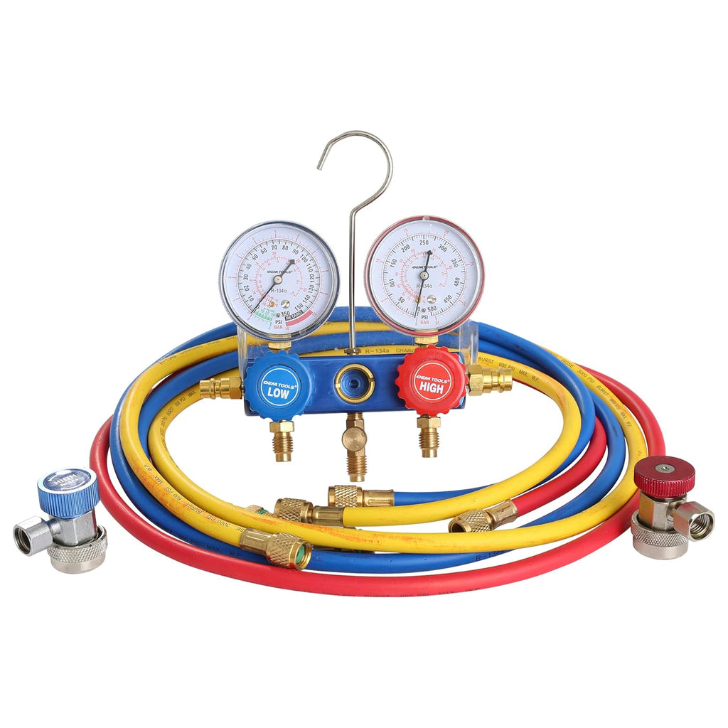 OEMTOOLS 24527 R134a Manifold Gauge Set, Automotive AC Manifold Gauge Set, Diagnostics and Refrigerant Charging, Extruded Aluminum Body, 72' Hoses, 2-3/4' Large Gauges, Manual Couplers