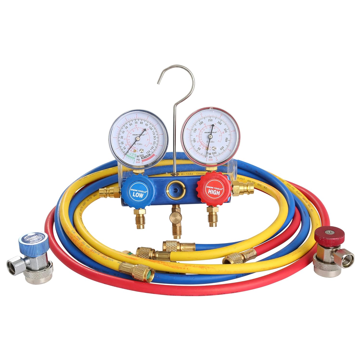 OEMTOOLS 24527 R134a Manifold Gauge Set, Automotive AC Manifold Gauge Set, Diagnostics and Refrigerant Charging, Extruded Aluminum Body, 72' Hoses, 2-3/4' Large Gauges, Manual Couplers