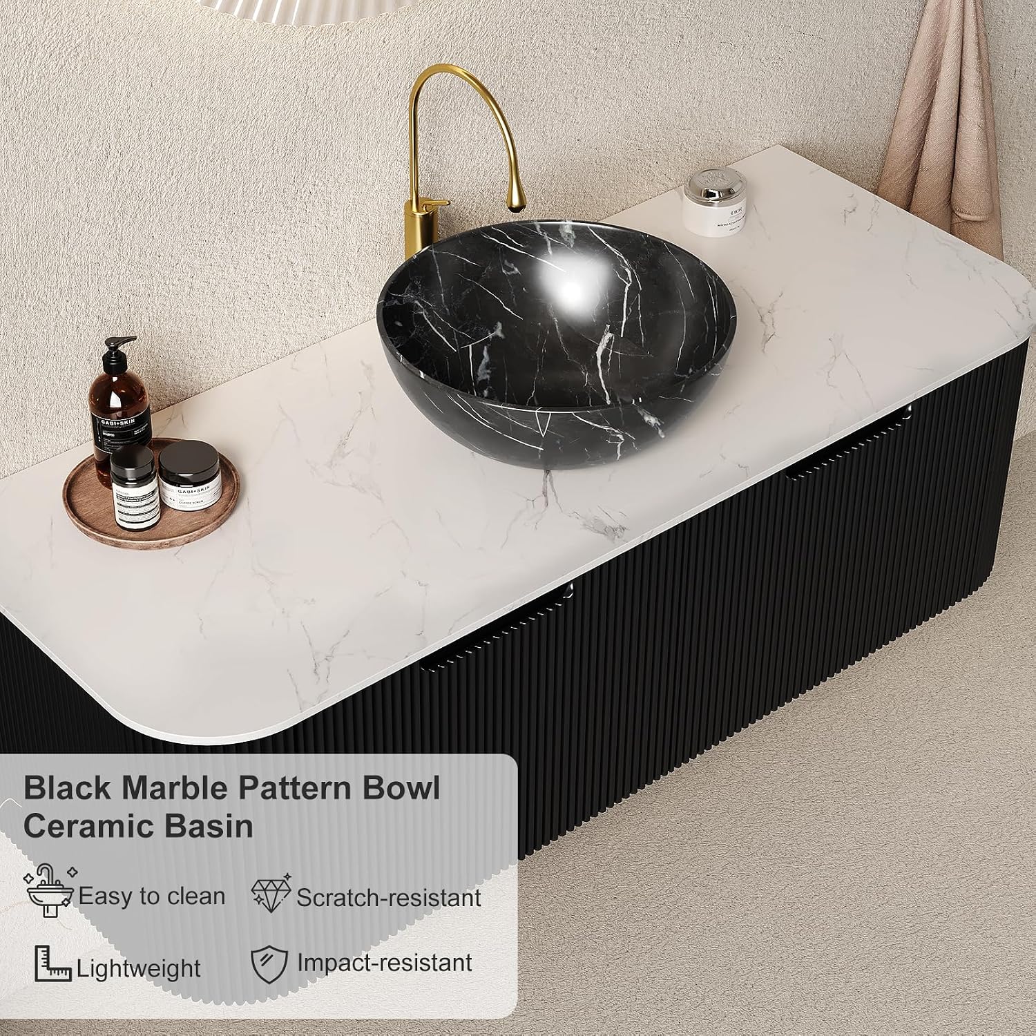 48' Floating Bathroom Vanity with Sink, Plywood Bathroom Vanities with Ultra-Thin Marble Ceramic Basin and Top, 2 Large Soft-Closing Storage Drawers, Pre-Assembled Cabinet, Gloss Black