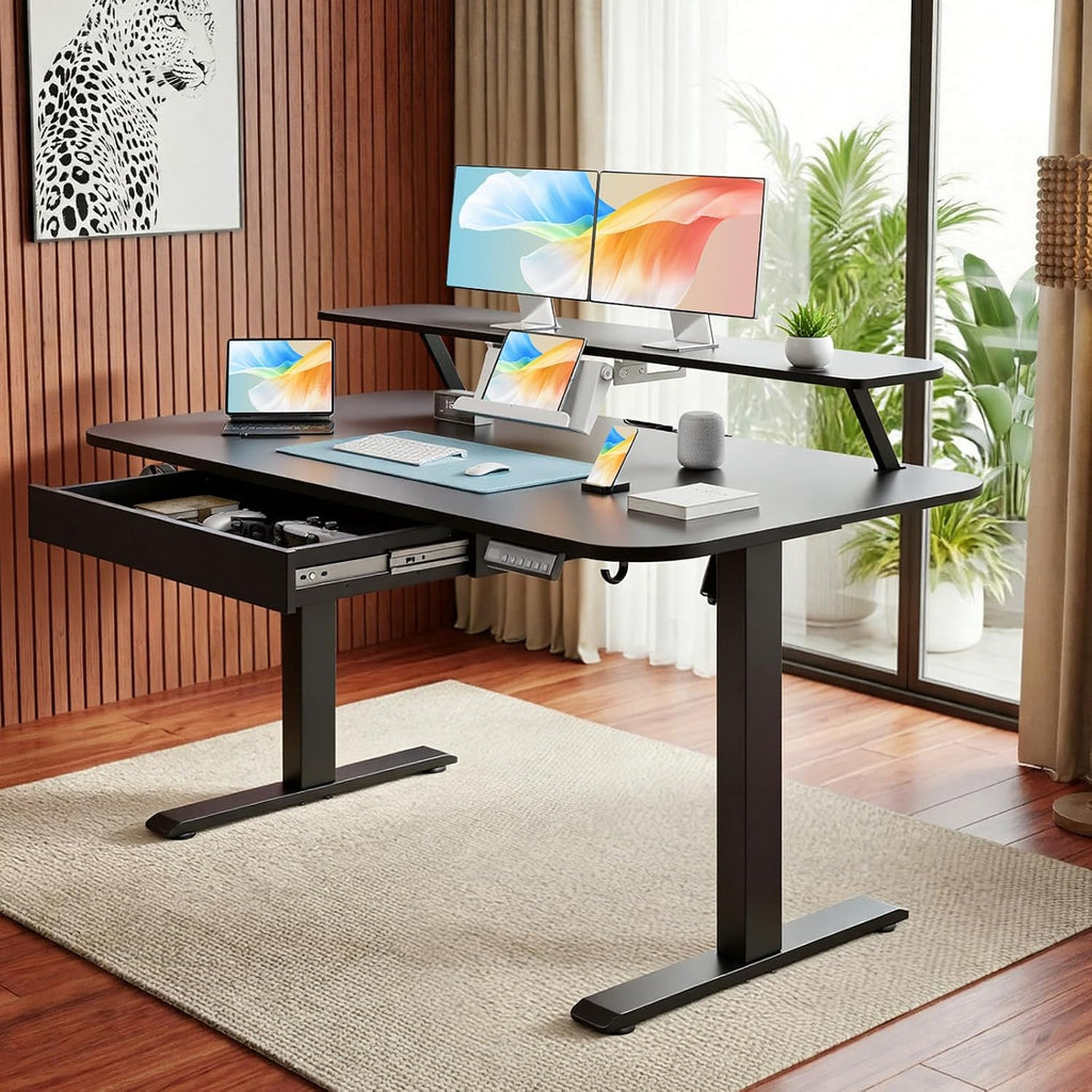 GTPLAYER Electric Standing Desk with Drawers, 55 x 24 Inches Height Adjustable Computer Desk with Monitor Stand, Laptop Stand, Home Office Sit Stand Up Desk with Memory Preset, Black