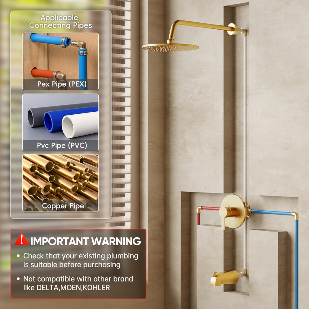 Tub Shower Faucet Set, Tub and Shower Trim Kit with 10 Inch High-Pressure Rian Shower Head,Shower Head and Handle Set, Brushed Gold