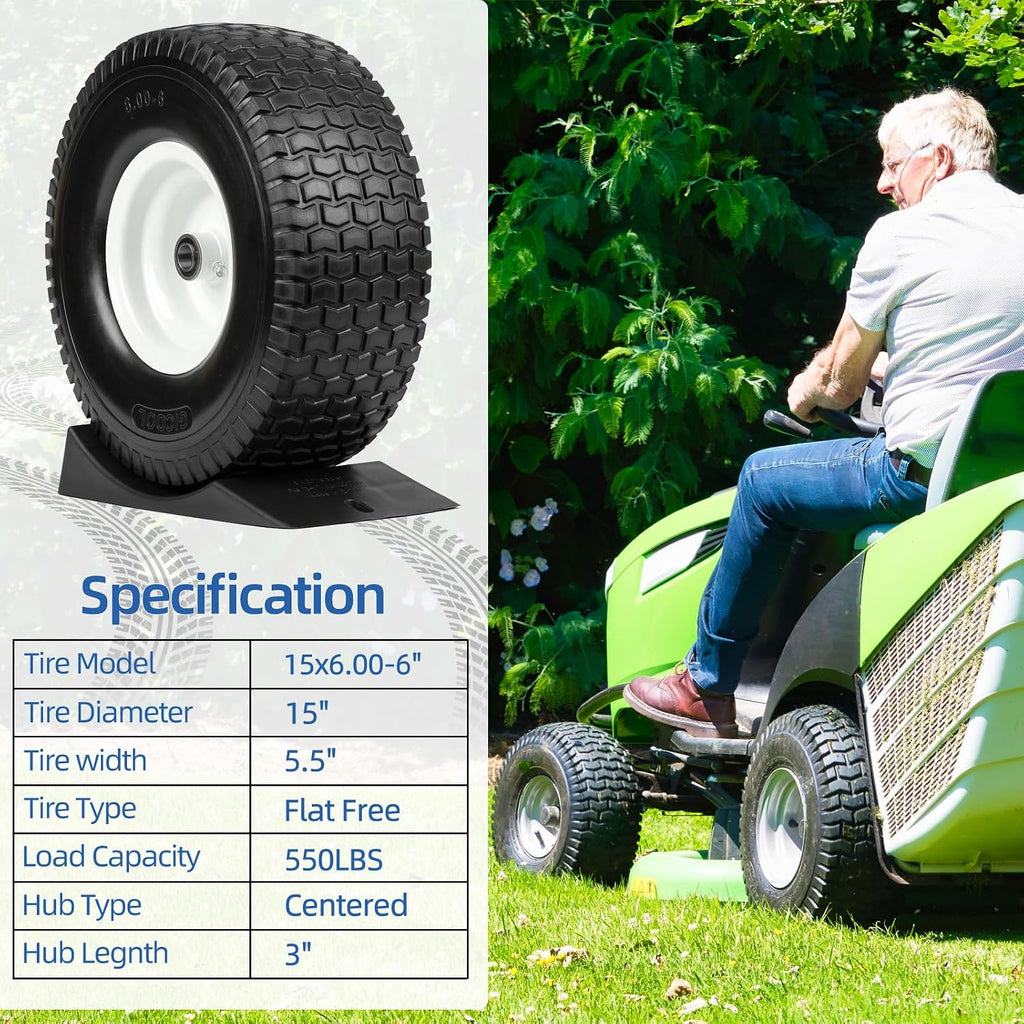 15x6.00-6 Flat Free Lawn Mower Tire and Wheel, Comes with Tire Saver Ramp, 15x6-6nhs Riding Mowers Lawn Tire and Wheel with 3/4' Bearing, 3' Centered Hub, 2 Pack