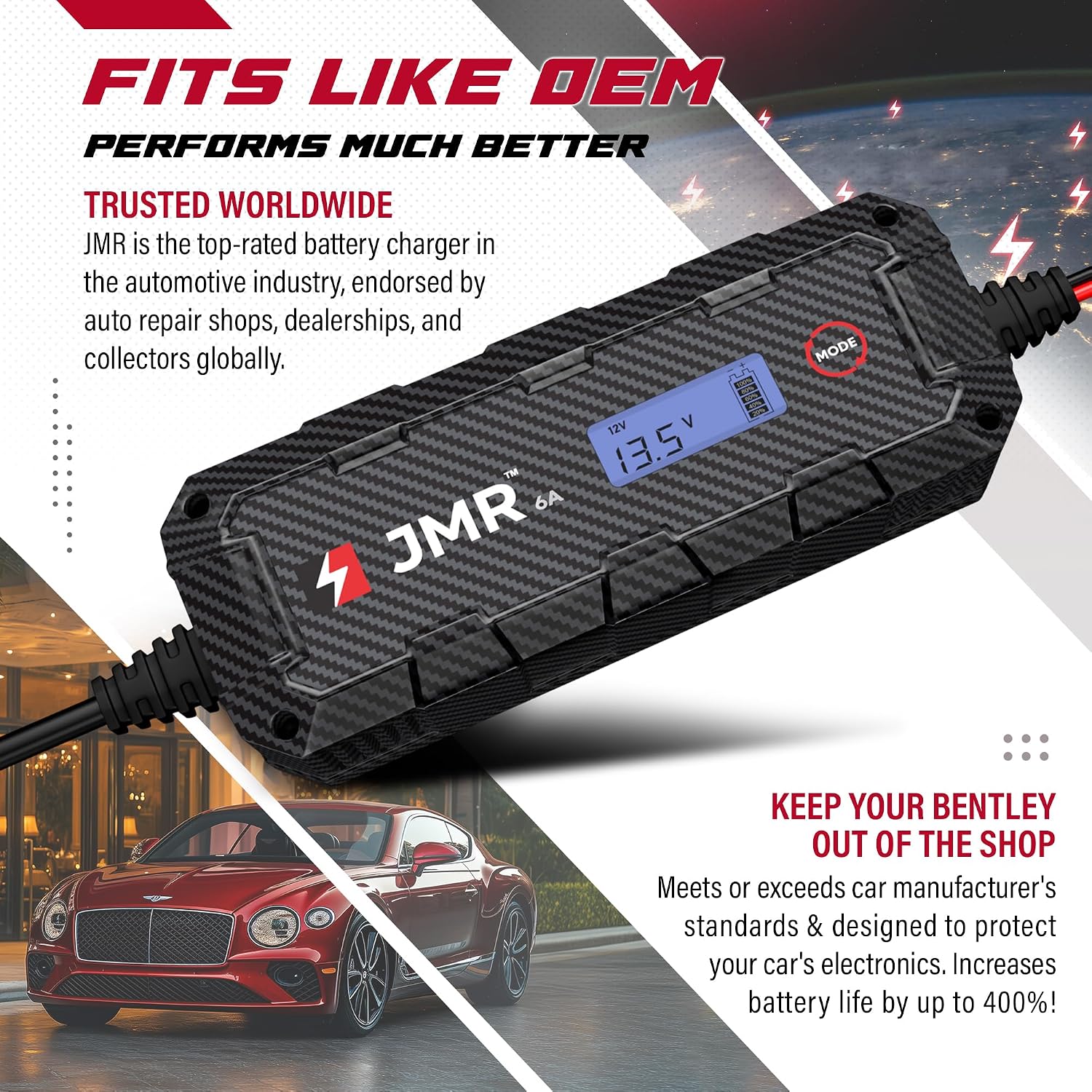 JMR Battery Charger for Bentley Continental GT Bentayga Flying Spur Mulsanne Trickle Charger Conditioner Maintainer (Magnetic Port, No Lithium Mode)